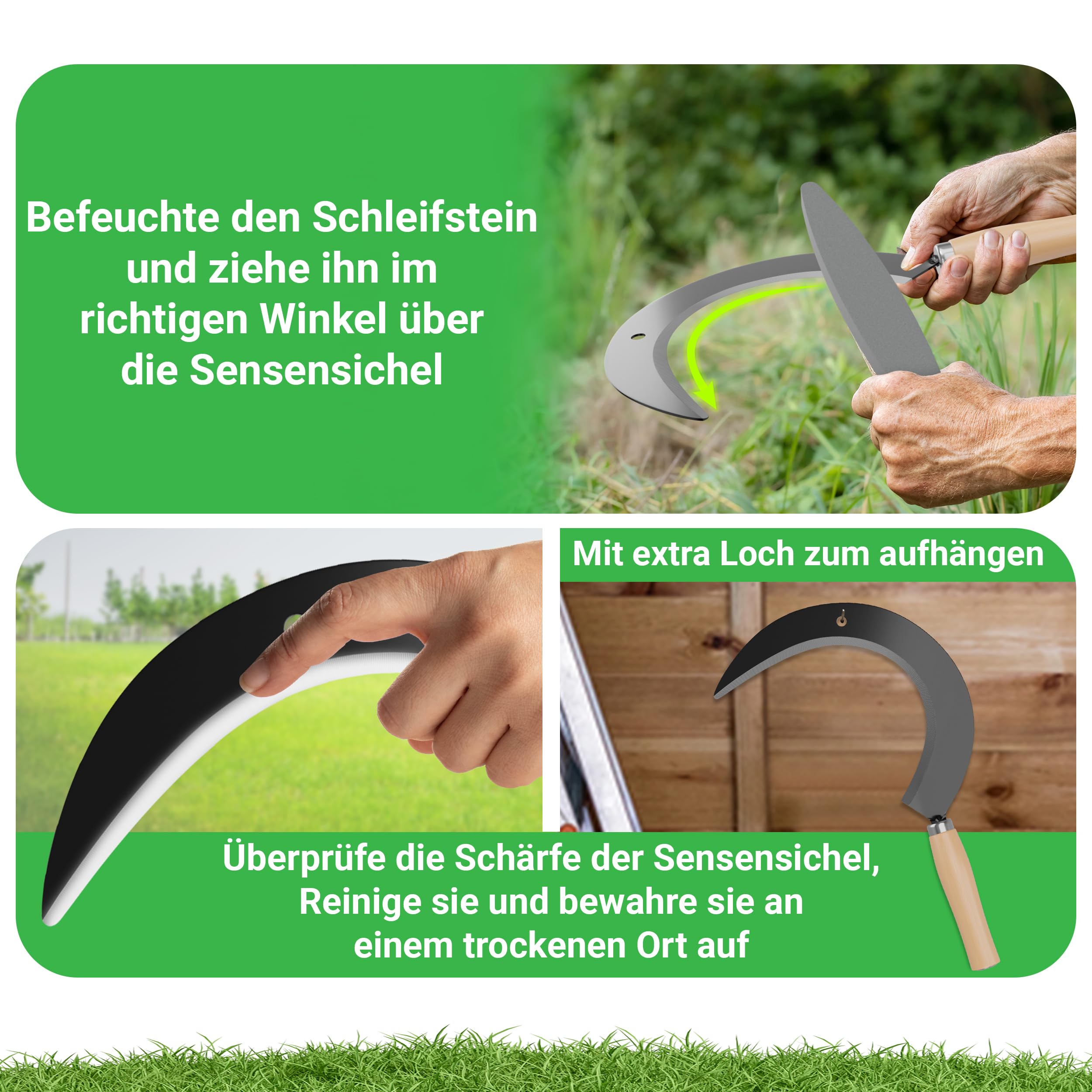 Rundsichel mit Holzgriff - traditionelle scharfe Sichel - nachhaltige Handsense 35x22 cm- inklusive Gratis Schleifstein – robuste Sensensichel für Gras