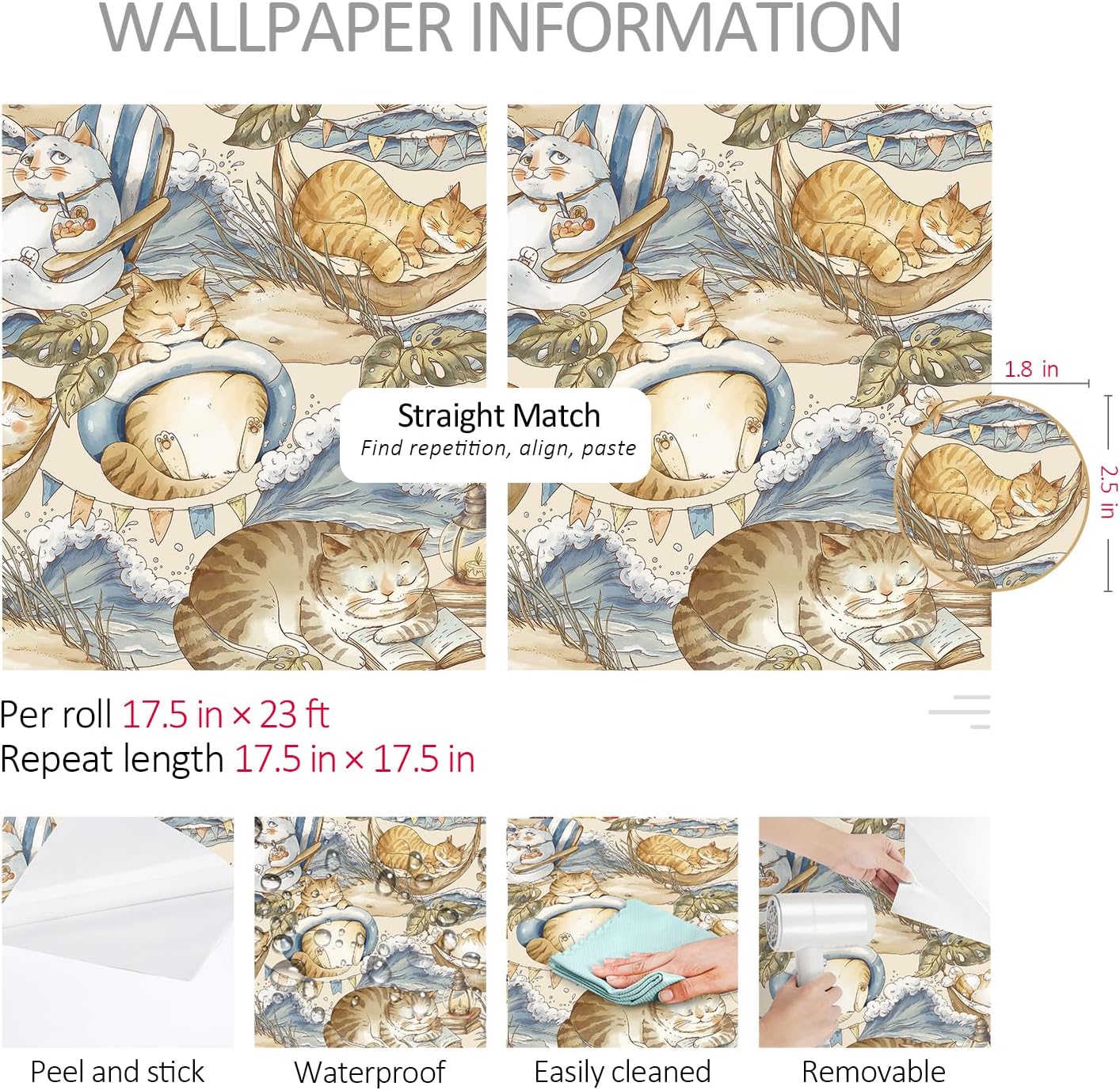 ReWallpaper 17.5in×23ft Cute Cat Peel and Stick Wallpaper Blue Waves Gold Beachy Coastal Wallpaper for Bathroom Removable Tropical Leaves Funny Brown Cat Wall Decor for Cat Lovers Kids Bedroom Walls