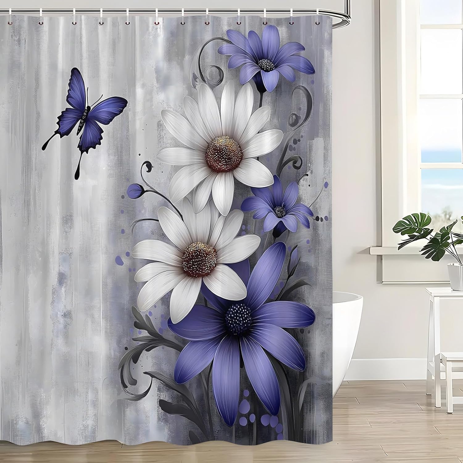 Rustic Daisy Floral Shower Curtain Blue Flower Butterfly Vintage Barn Wooden Plank Farmhouse American Country Wildflower Garden Plant Fabric Bathroom Curtain with Hook