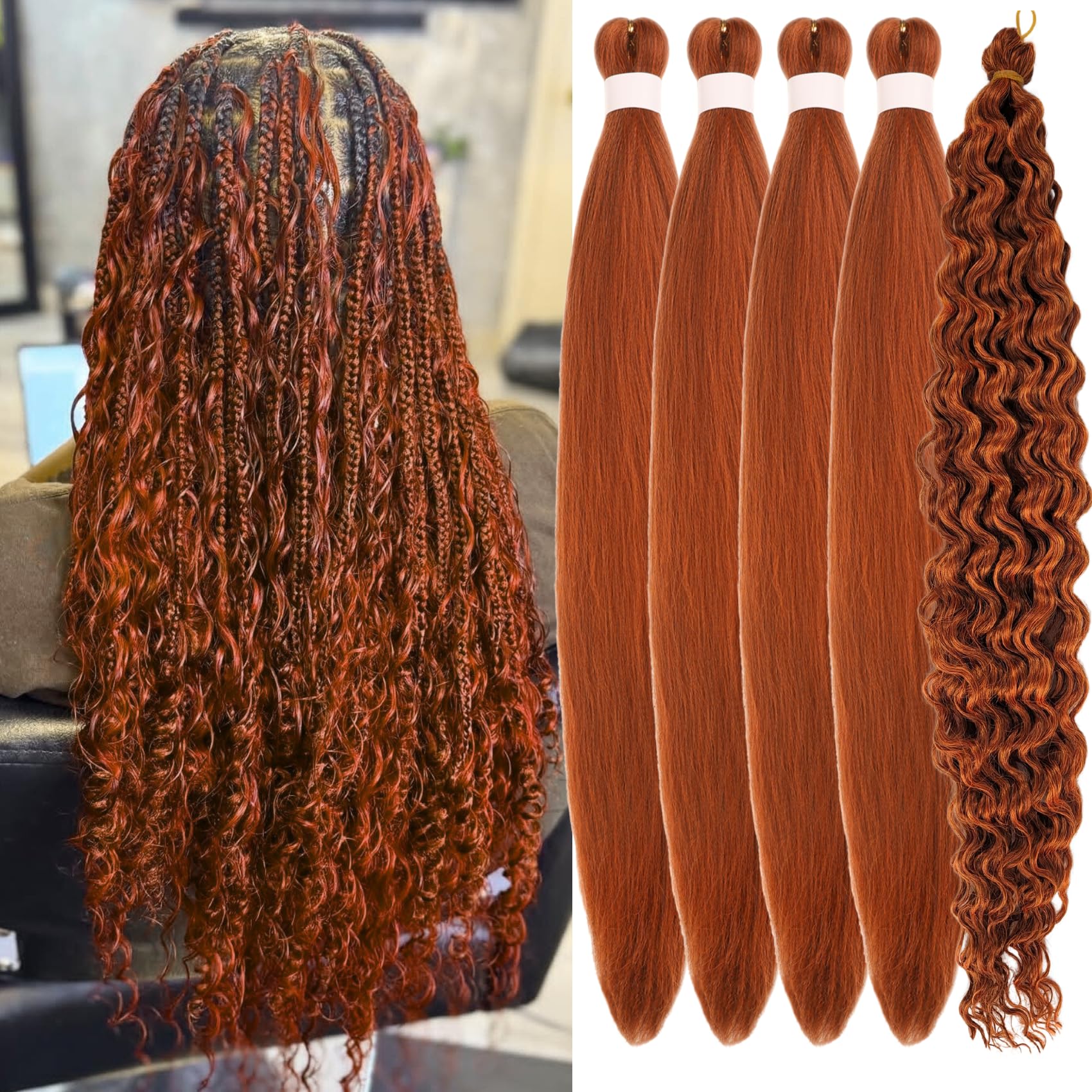 Bright Ginger Braiding Hair Pre stretched Color 30/24C Boho Hair for Braiding Hypoallergenic Synthetic Knotless Ez Braid Non Toxic Itch Free Crochet