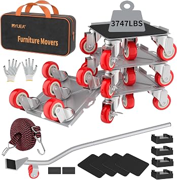 MYUEA Furniture Dolly,Furniture Movers with 5 Wheels,Carbon Steel Panel Heavy Duty Dolly,Maximum Load 3747 LBS,Furniture Lifter with 5 360 Rotatable Rubber Universal WheelsSilver,8.26x7.87 in