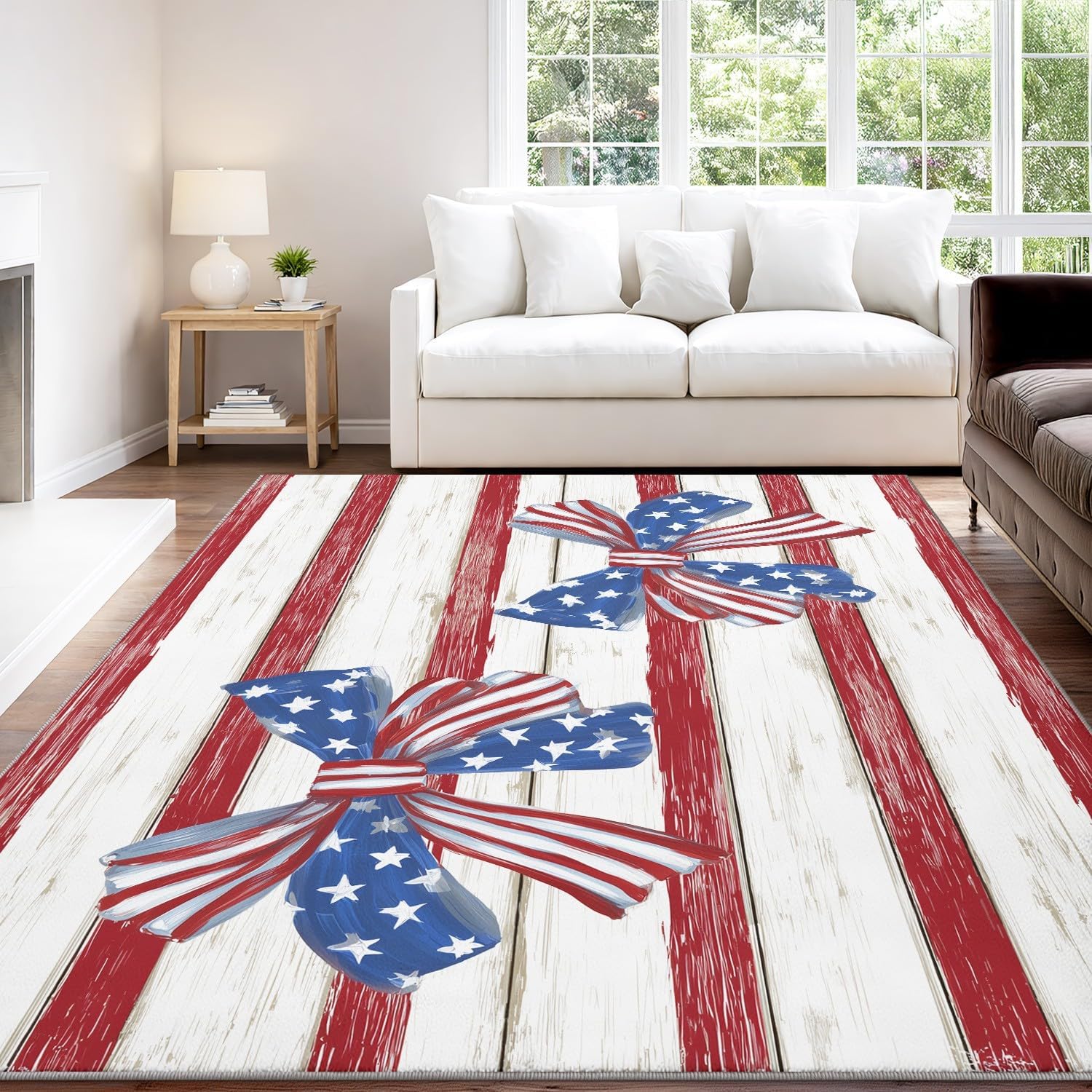 Lavabile Tappeto soggiorno 120x160 cm a righe rosse e bianche con fiocco e stelle, tappeto patriottico vintage, tappeti antiscivolo per camera da letto, ufficio, sala da pranzo, sottile
