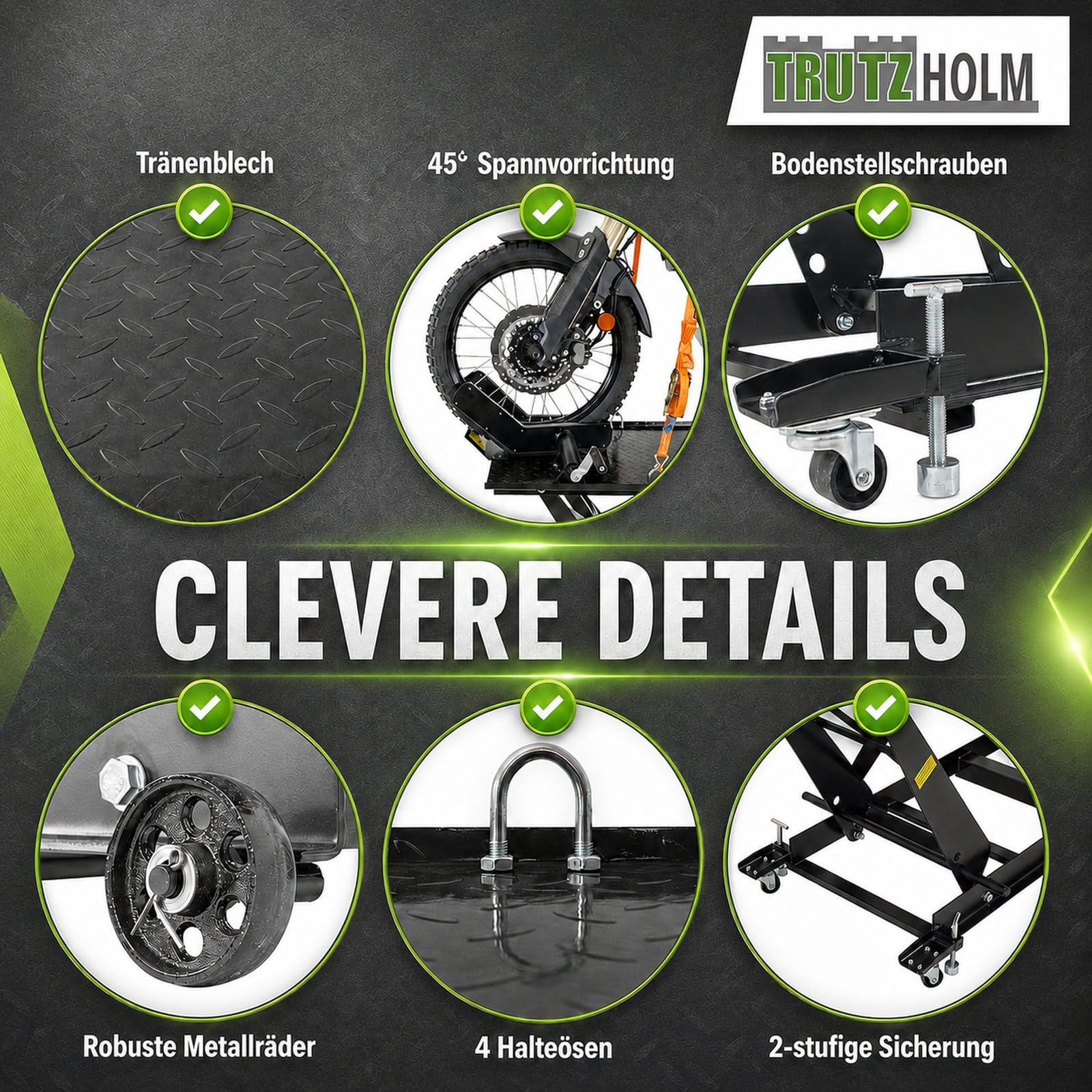TRUTZHOLM Motorradhebebühne hydraulisch Tragkraft 450 kg Motorradheber Nutzbreite 55 cm Hubbereich 18-84 cm abnehmbare Auffahrrampe 4 Halteösen 45° Vorderradklemmung Parallelheber Hebebühne (Schwarz)