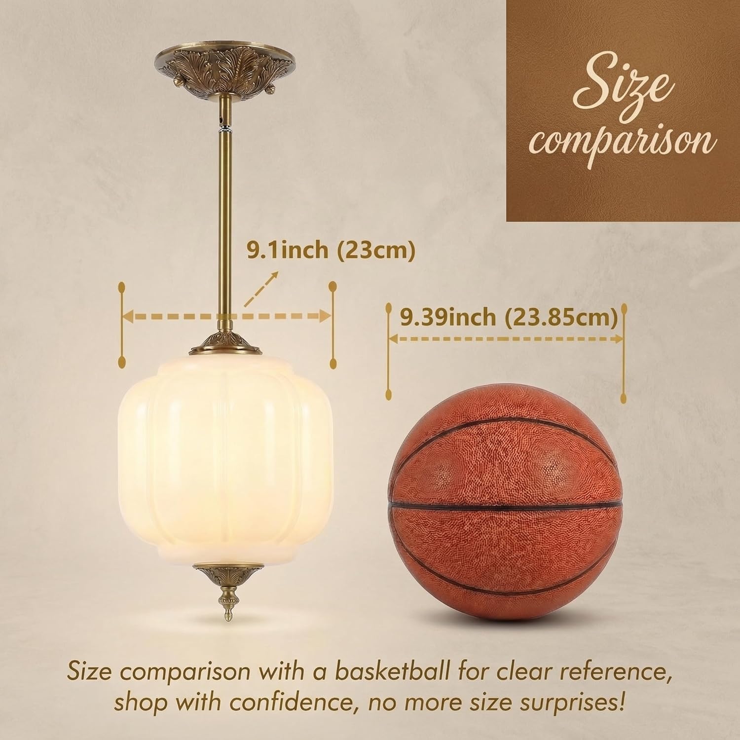 Antique Brass Milk Glass Ceiling Light Fixture-9.1in Vintage Semi Flush Mount Pendant Light with an LED Bulb included, 3 Color Options Mid-Century Art Deco Chandelier for Kicthen Dining Room Hallway