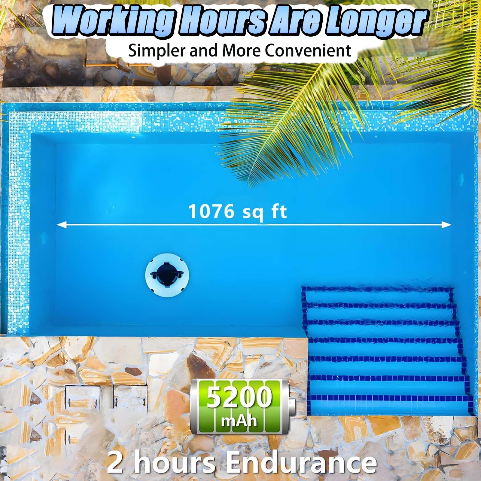Aspirateur de piscine automatique, robot sans fil avec navigation intelligente et batterie de 5200 mAh, évitement automatique des obstacles, densité de filtre de 180 μm
