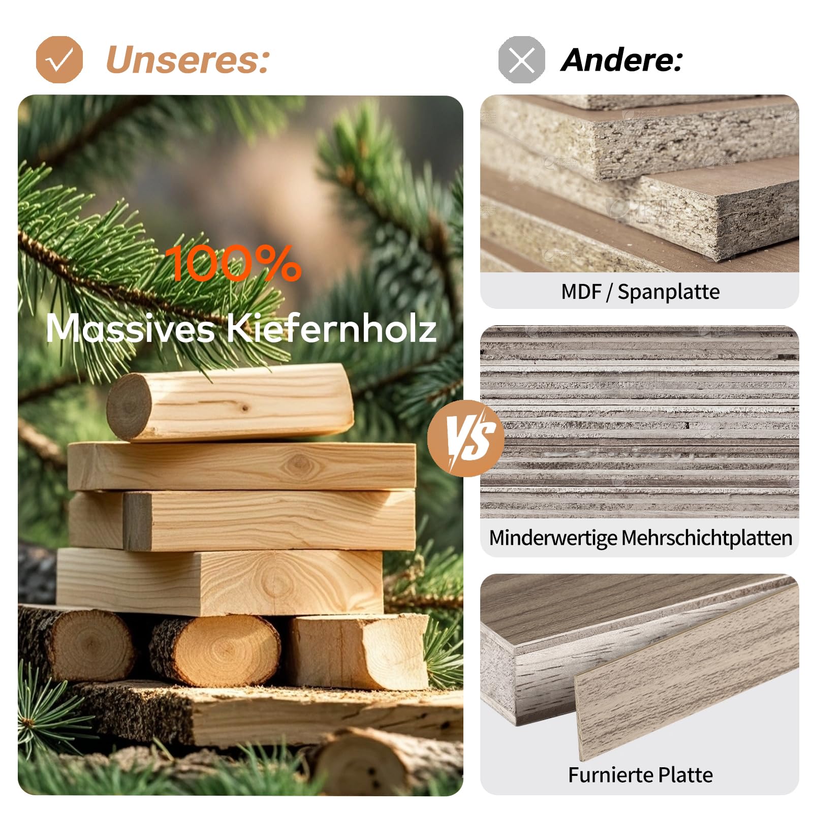Nachttisch aus massivem Kiefernholz, Stabiler Beistelltisch für Boxspringbett, moderner Couchtisch klein mit Schublade für Schlafzimmer, Wohnzimmer, Holz-Nachtschrank 40x30x61 cm