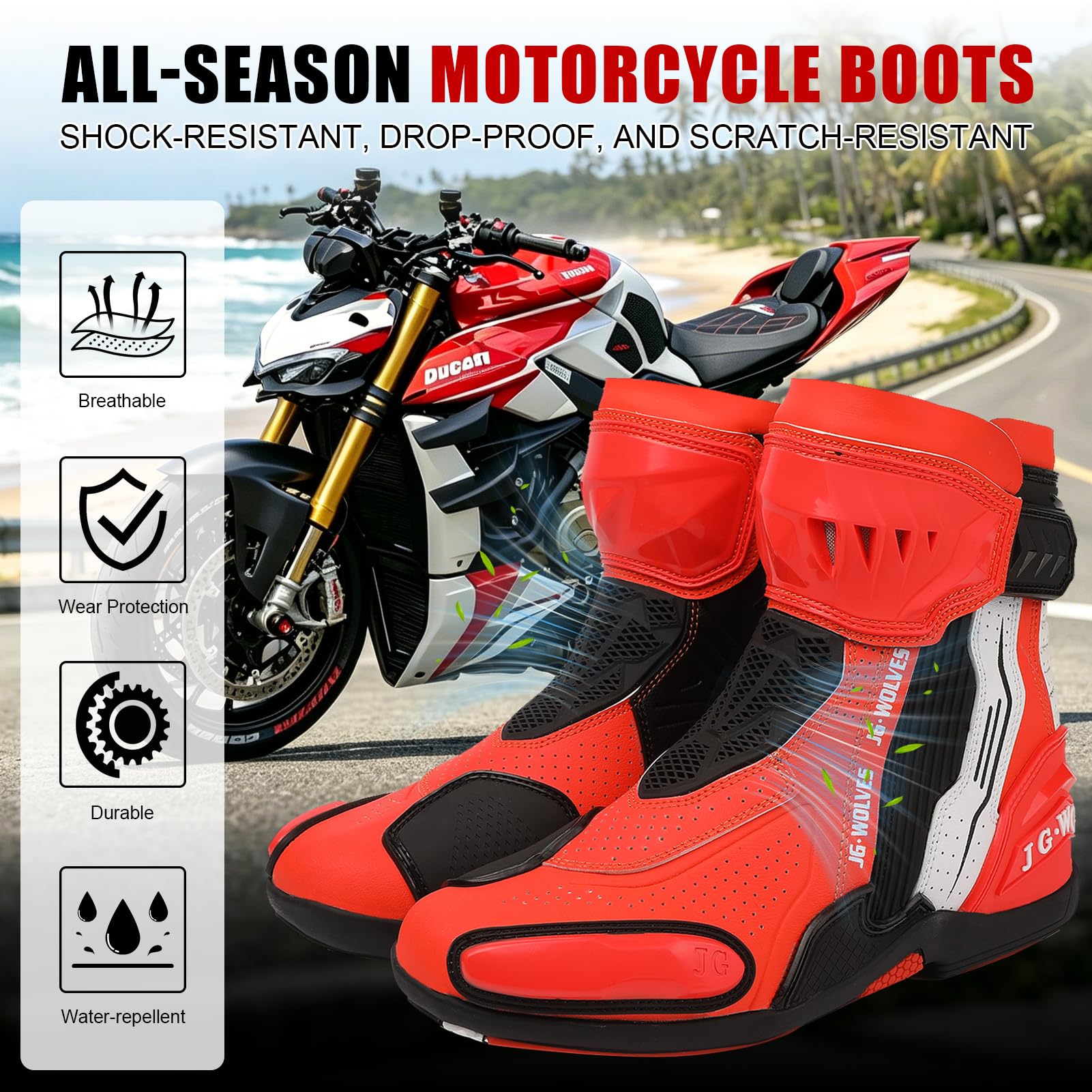 Stivali da Moto per Uomo e Donna, Scarpe da Moto in Pelle Traspiranti, Sneakers da Moto, Stivali da Moto con Supporto per La Caviglia, Suola Antiscivolo