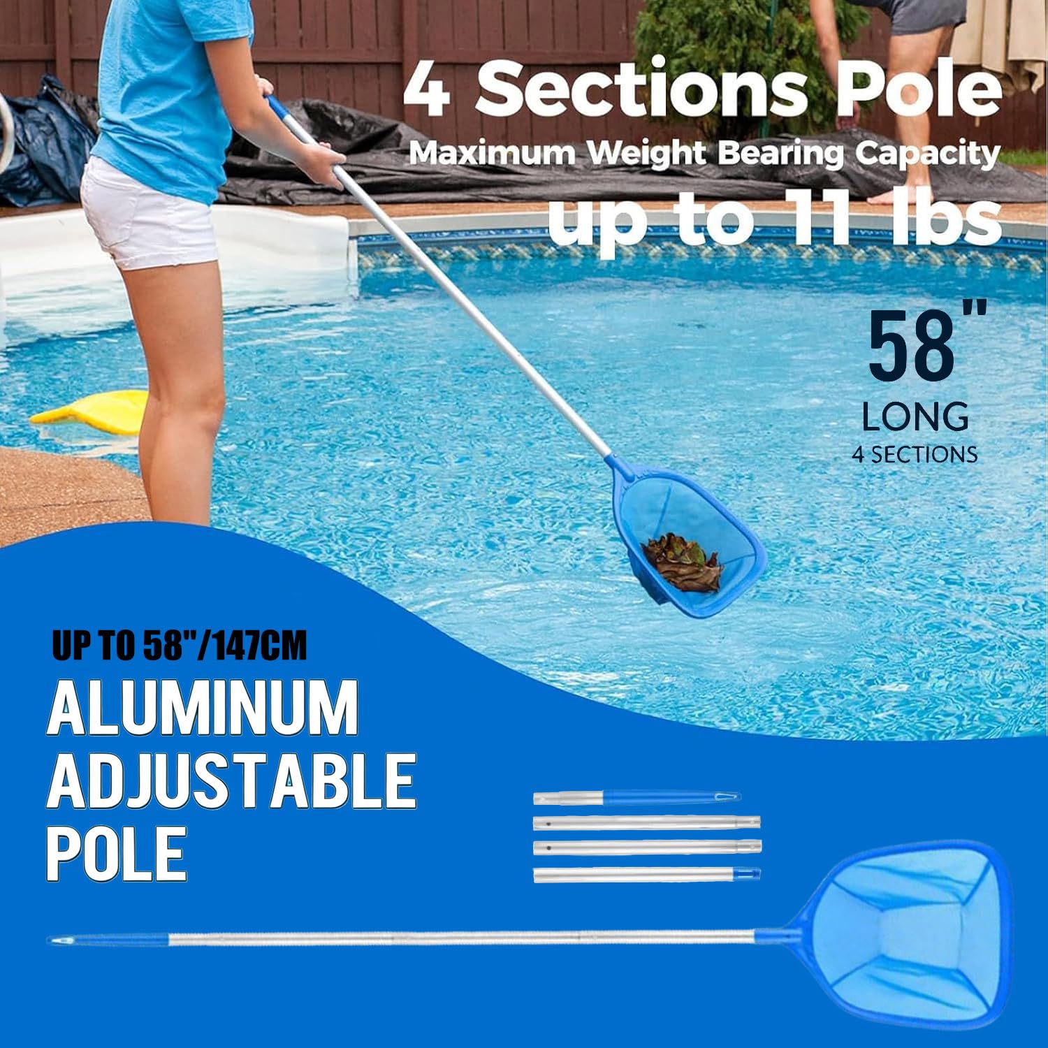 Filet de piscine avec manche télescopique détachable, mailles fines, épuisette à main, 146 cm