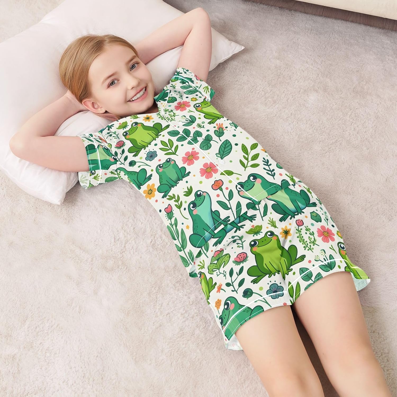 Kids Casual Satin Wear Set Pattern Cartoon Frog and Plant Floral Unisex Short Sleeve Clothing for Relaxing