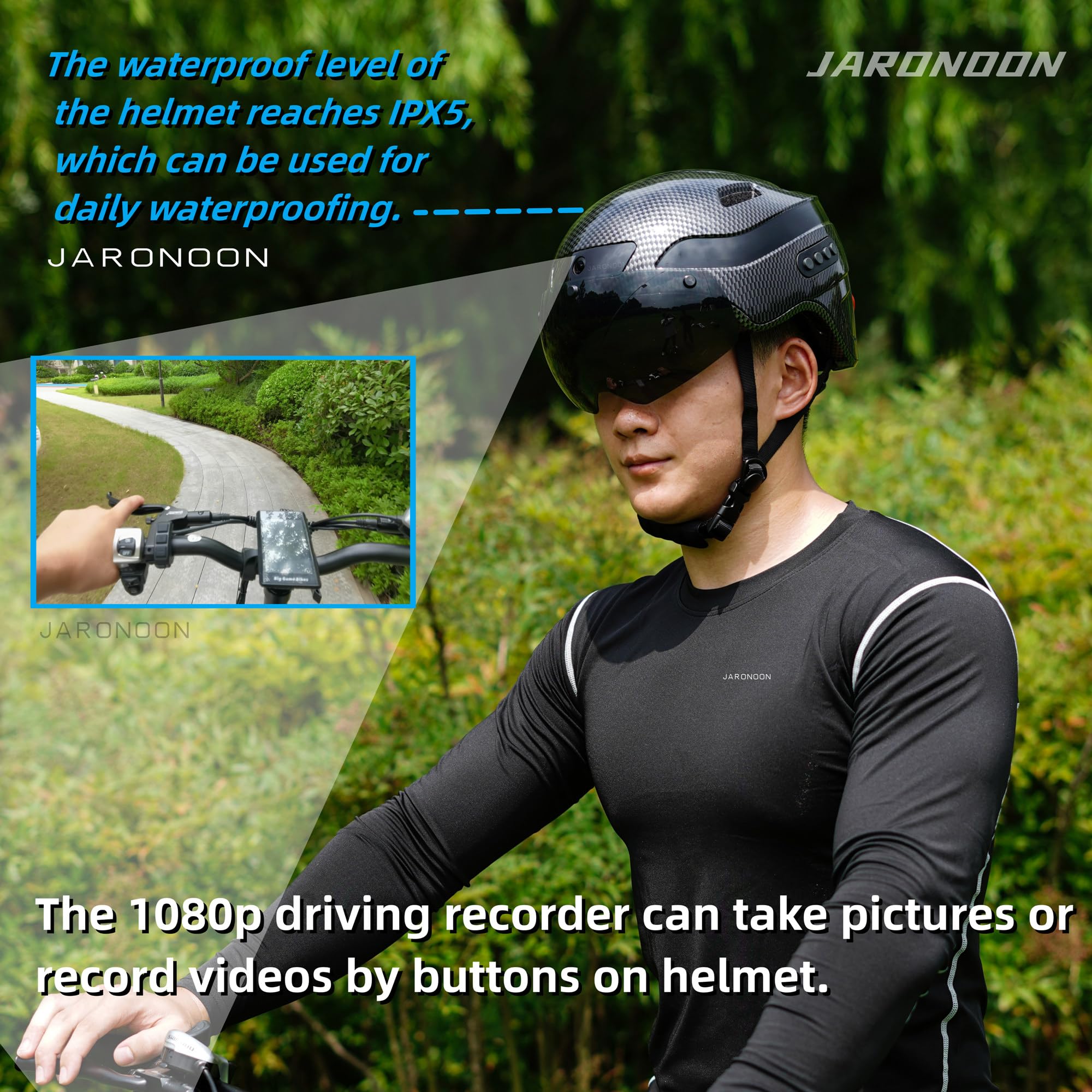 Casco da bicicletta per adulti Casco Bluetooth Smart con registratore di guida e visiera staccabile Funzione fanale posteriore a LED per pendolari urbani da uomo