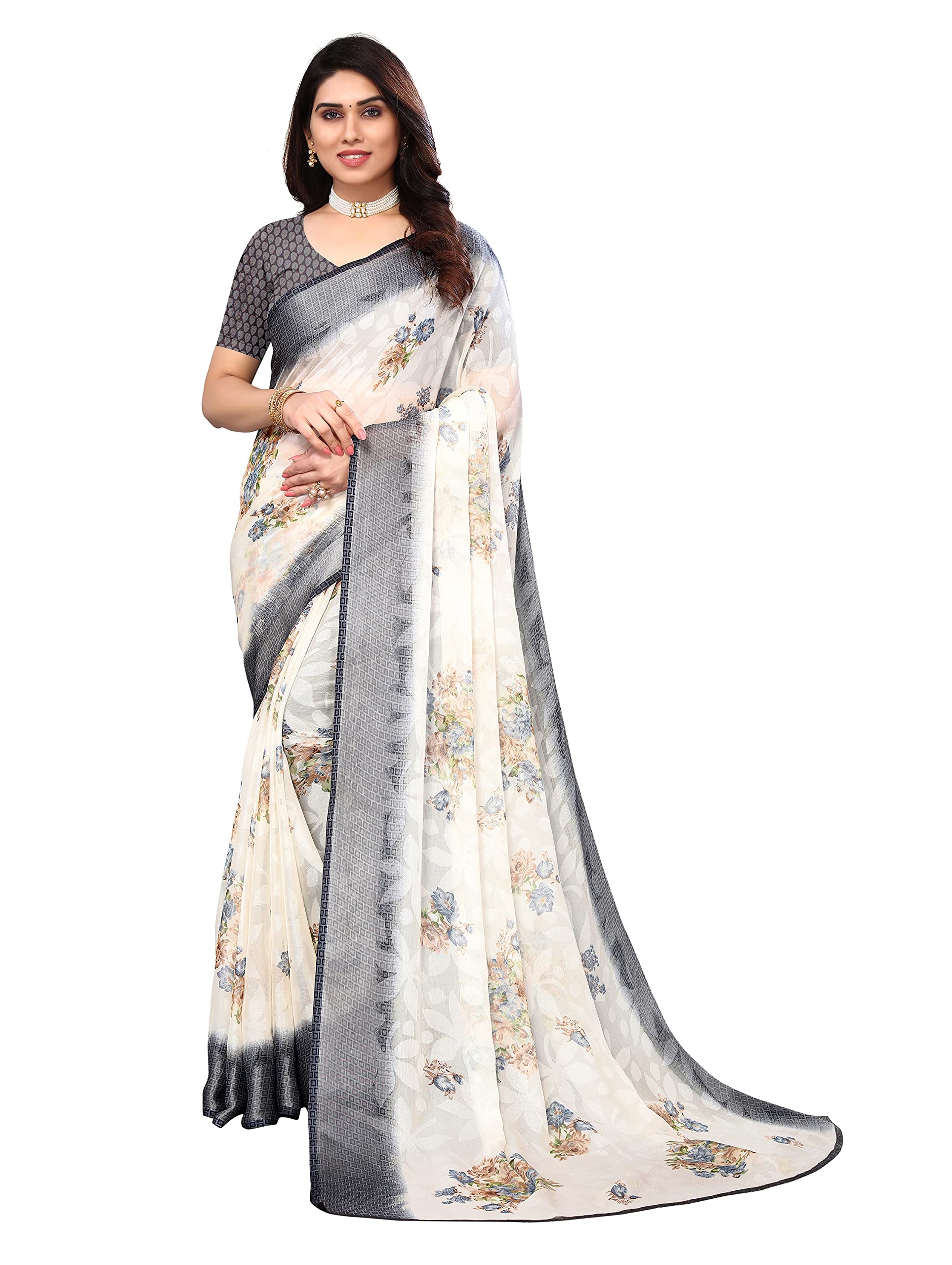 PISARAPISARA Women's Chiffon Brasso Printed Saree With Unstitched Blouse, Off white & Black, One Size