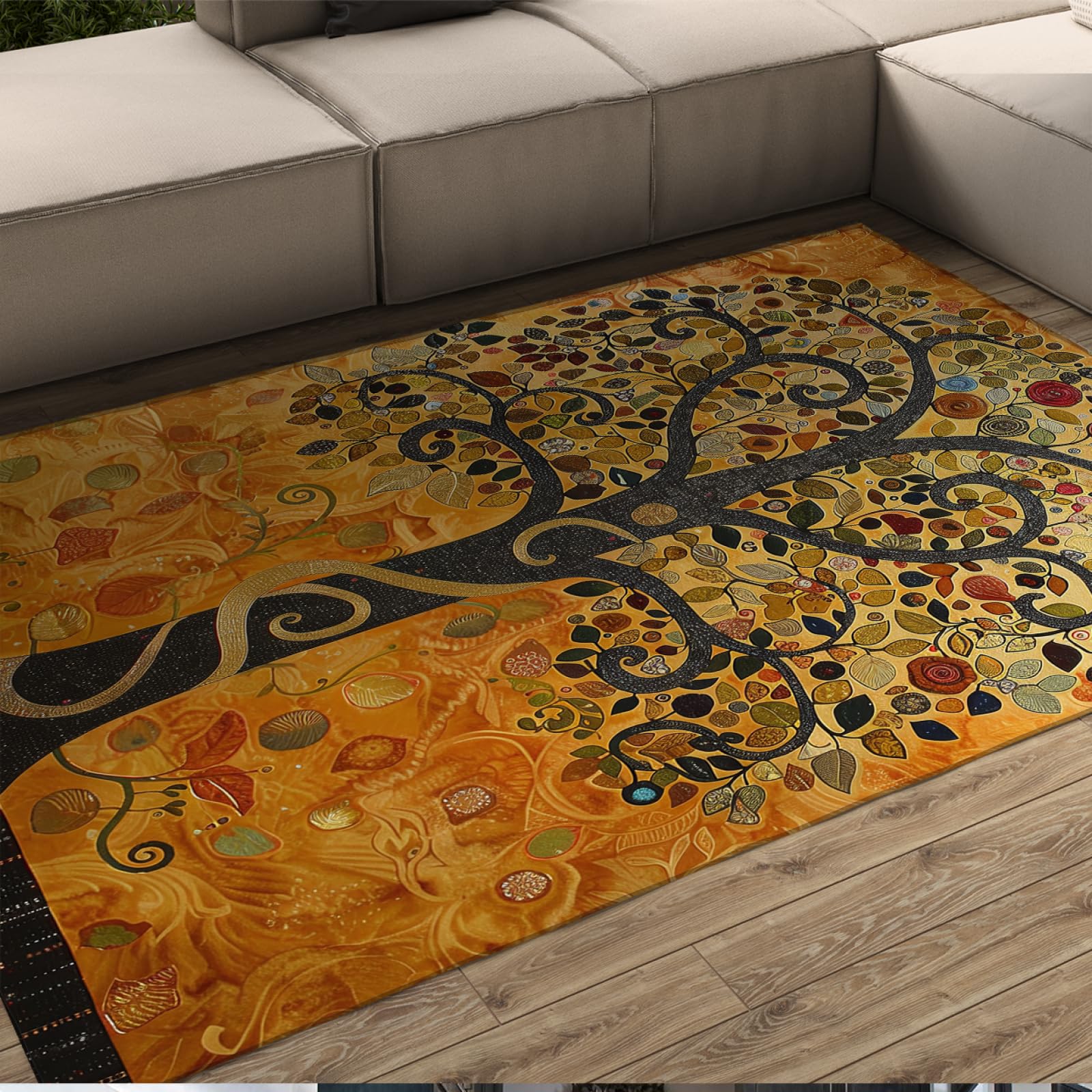 Retro Pflanzenblätter Teppich Gustav Klimt Stil Baum des Lebens 3D-Gedruckter Teppich Ideal für stark frequentierte Bereiche für Jungen und Mädchen im Spielzimmer 60x120cm