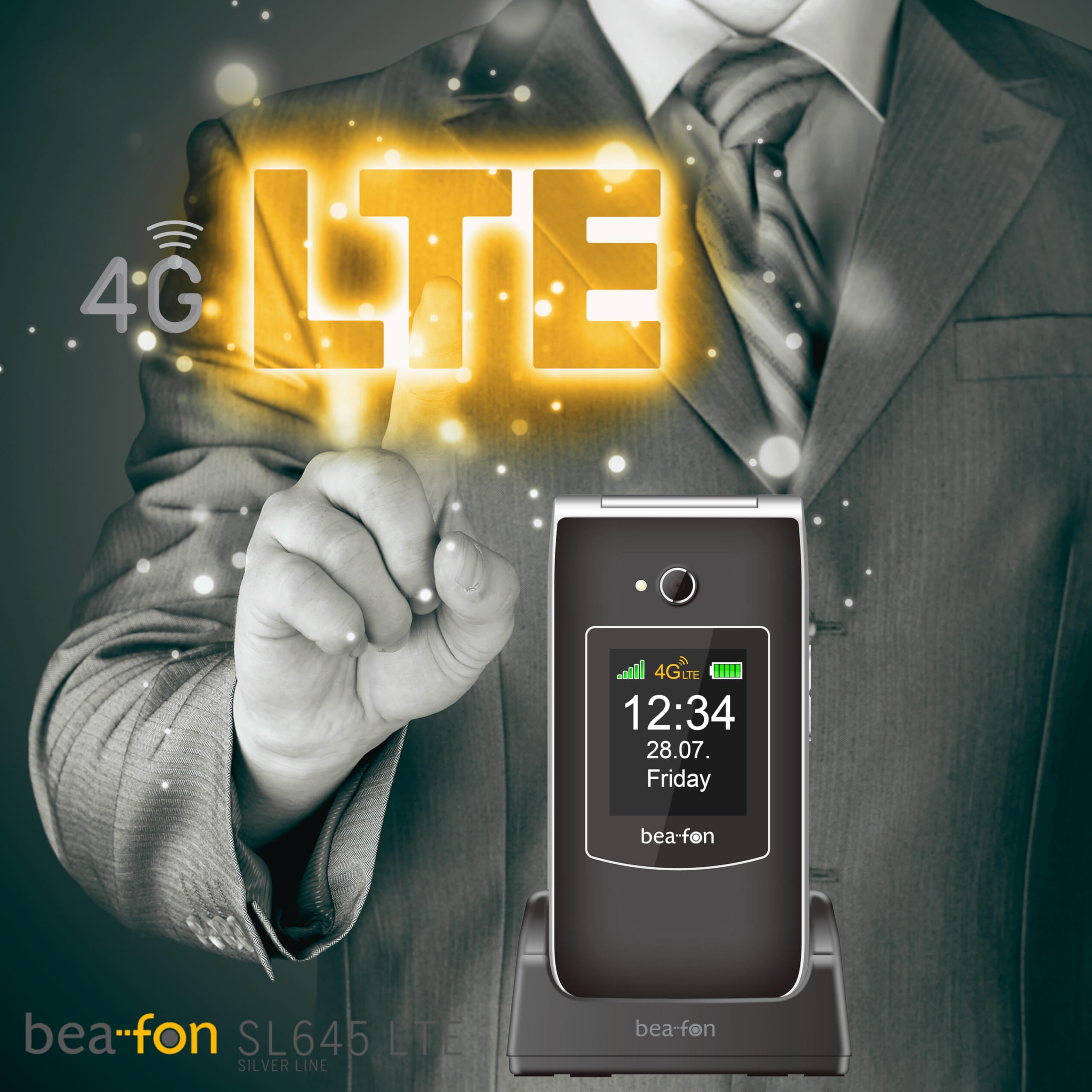 Beafon, SL645, LTE 4G, Silverline, telefon komórkowy dla seniorów z przyciskiem alarmowym SOS, telefon składany, wyświetlacz XXL 2,8" (7,11 cm), kolorowy wyświetlacz zewnętrzny XXL 4,49 cm (4,49 cm