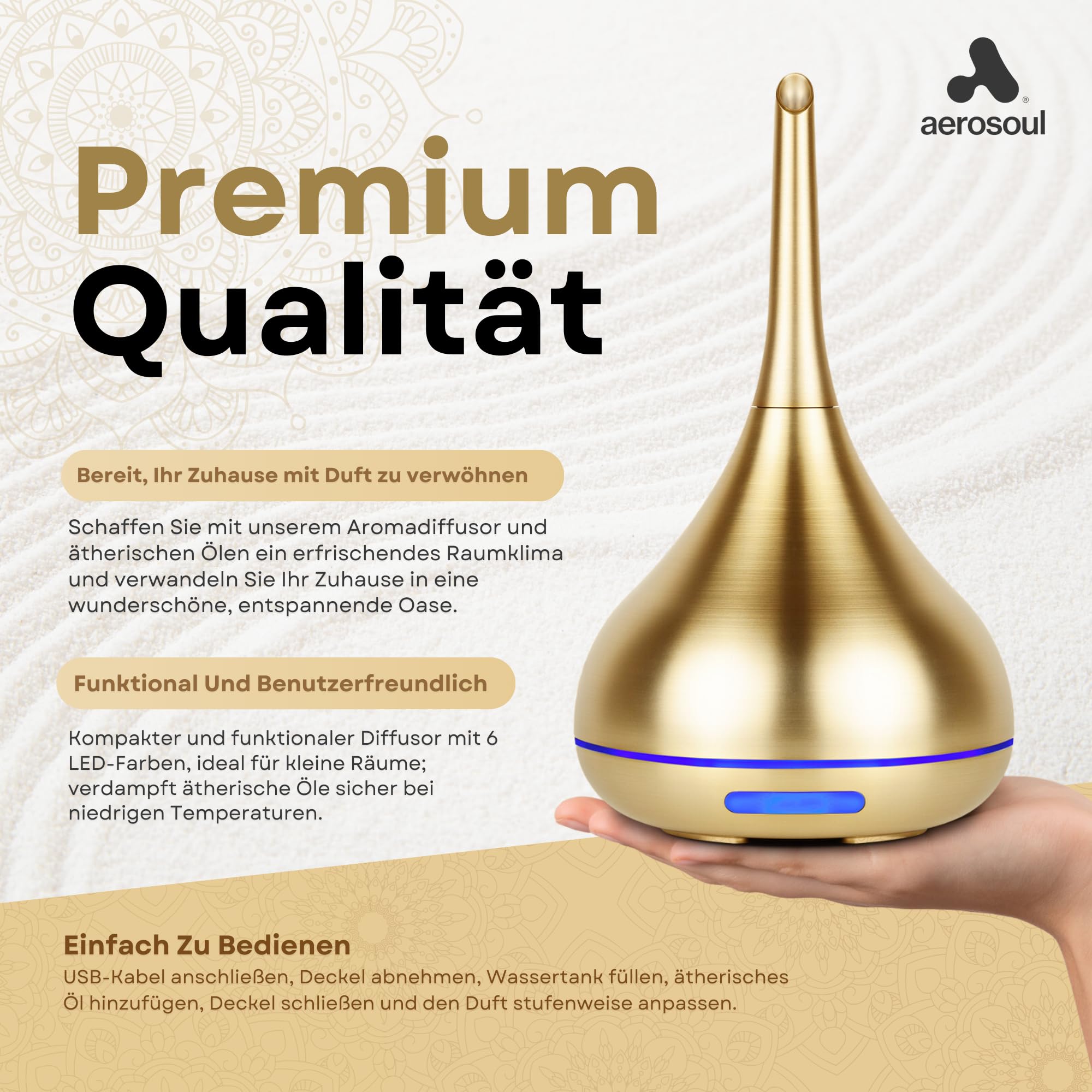Aerosoul® Drop Aroma Diffuser 100ml Duftöl Diffuser 6h Nebel 7 LED, Gold