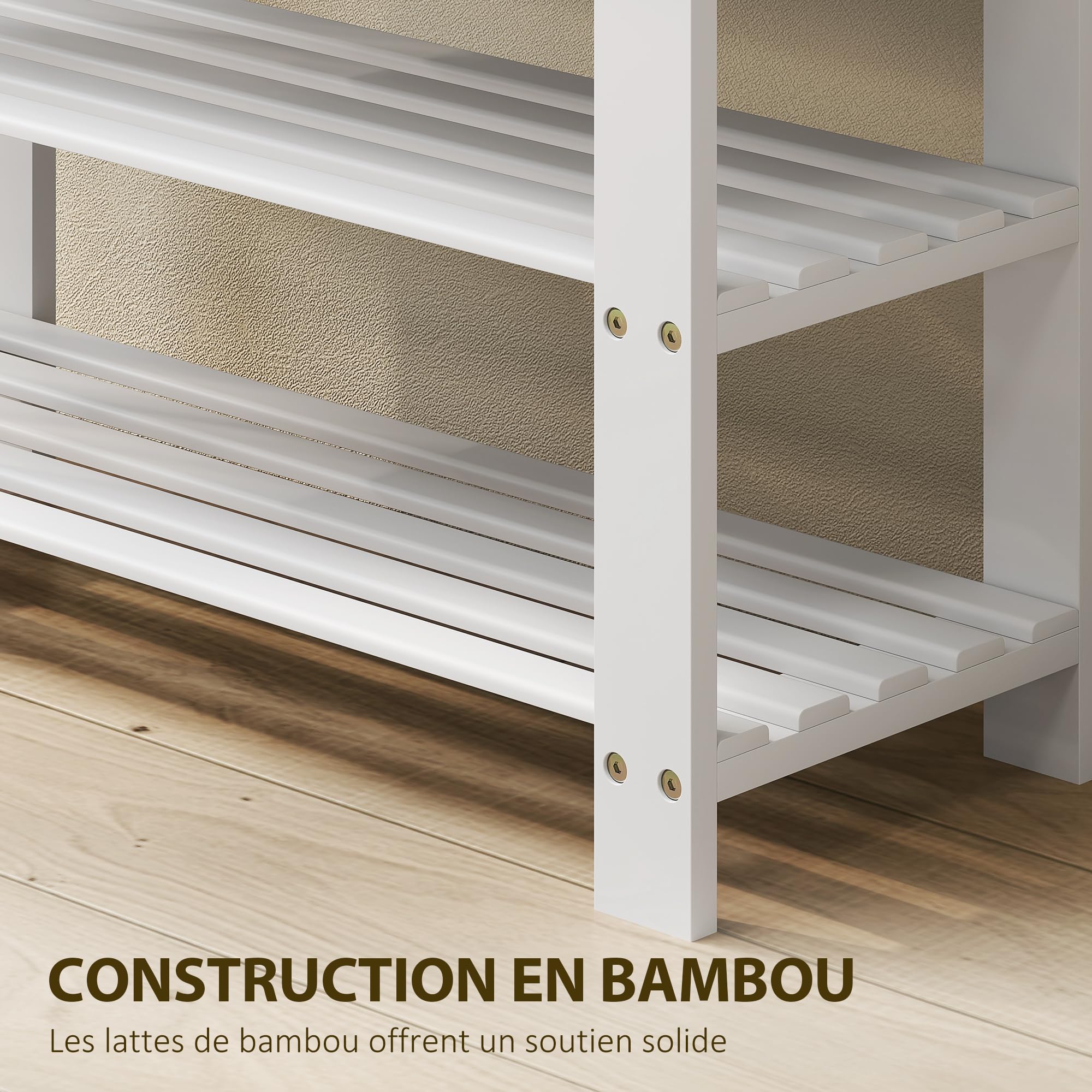 HOMCOM Banc à Chaussures en Bambou Scandinave 70 x 28 x 45 cm Blanc | Étagère à Chaussures à 3 Niveaux, Banc de Rangement pour Entrée, Salon, Chambre, Charge 136 Kg
