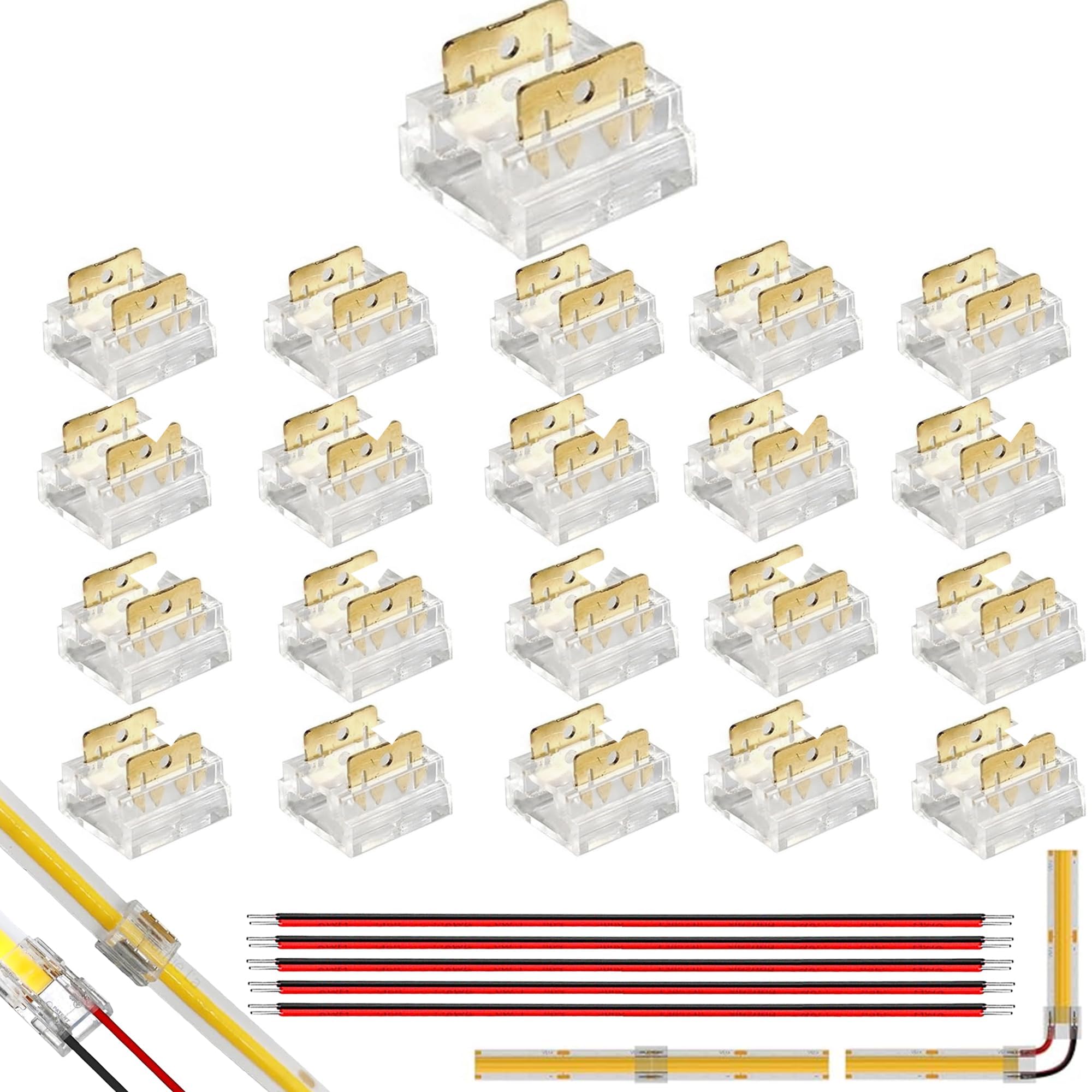 クリアヒル(Clearhill) 2ピン 20個 8mm ライトストリップコネクタ、プレスイン組立式、超薄型、単色5V/12V/24Vライトストリップ用ストリップ間コネクタ、透明端子、安全な接続