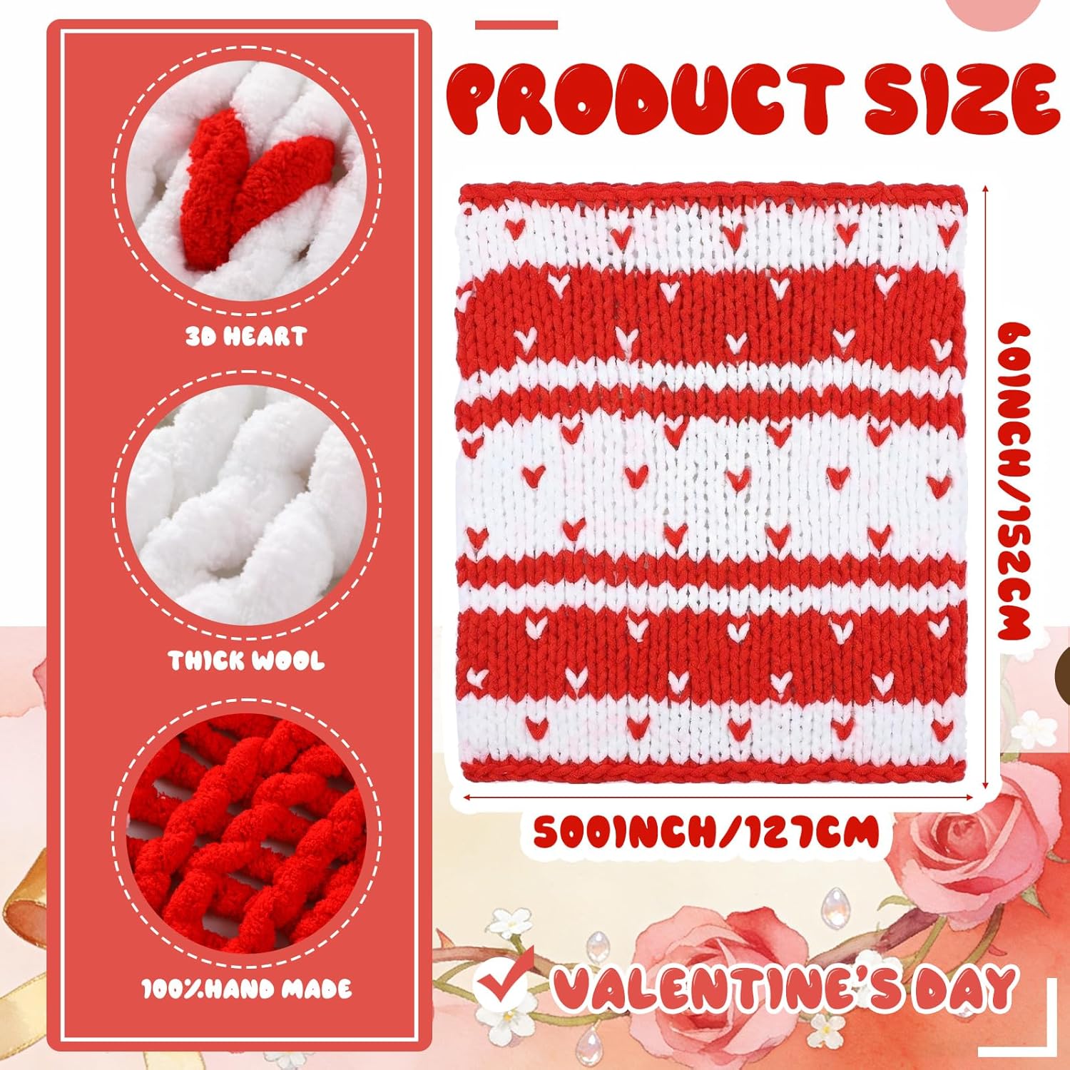 Chunky Knit Throw Blanket Large 50" X 60" Handmade Cream Chenille Loop Yarn Fluffy Soft Knitted Throw Big Cozy Thick Cable Knit Crochet Blanket for Couch Sofa Bed(Red,Heart)