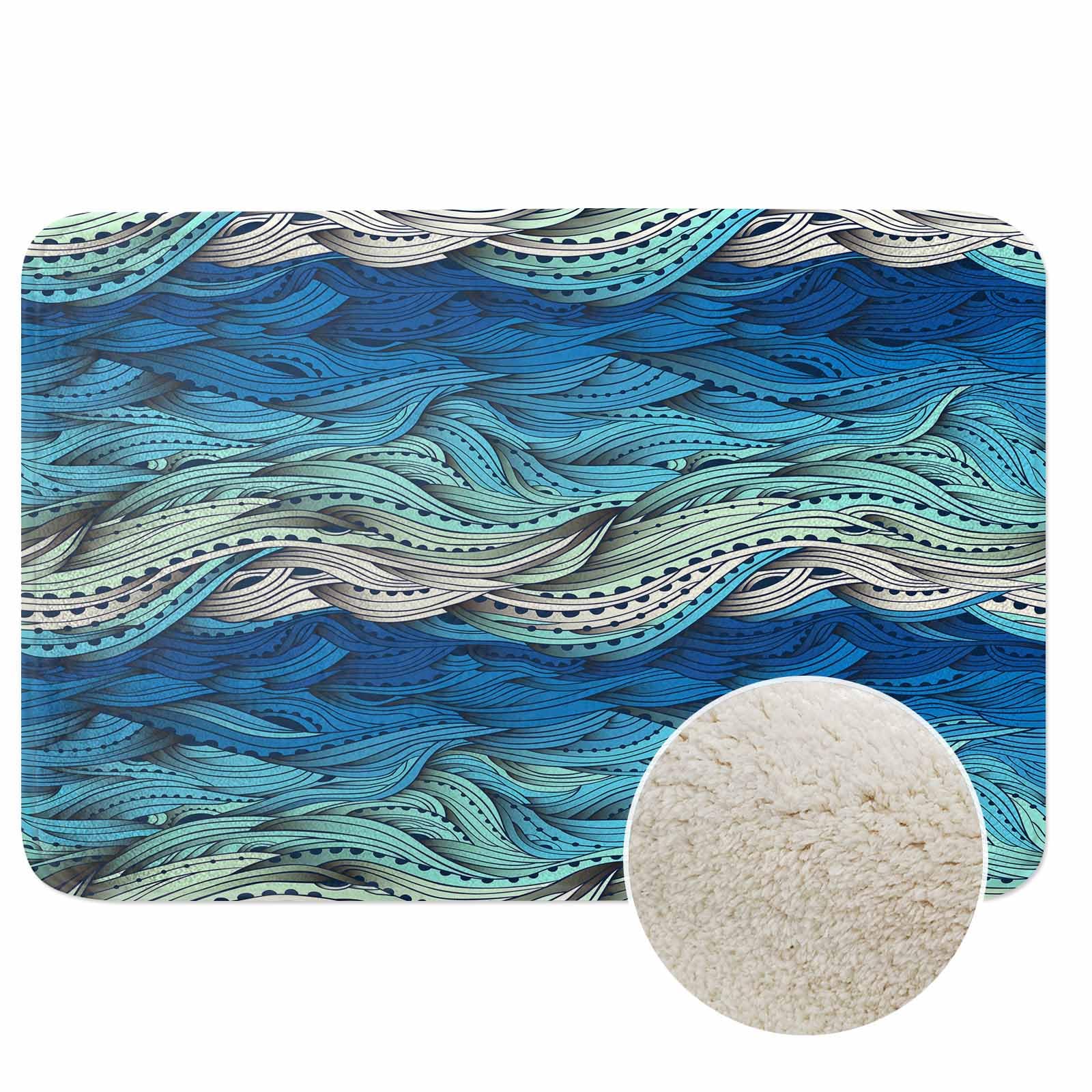 Abstract Wave Bath Mats for Bathroom Ocean Sea Water Gradient Blue Beach Waves Lines Stripes Floor Bath Rugs Machine Washable Bathmat Carpet Rug Room