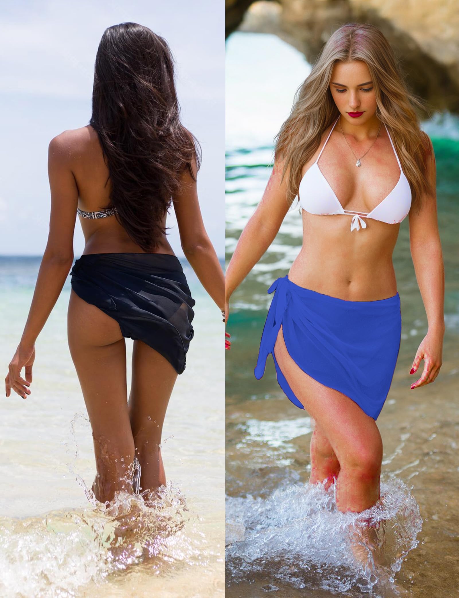 Lot de 2 paréos pour femme, paréo de plage en mousseline de soie pour piscine, vêtements d'été (noir + bleu, taille XL), Noir+Bleu, X-Large
