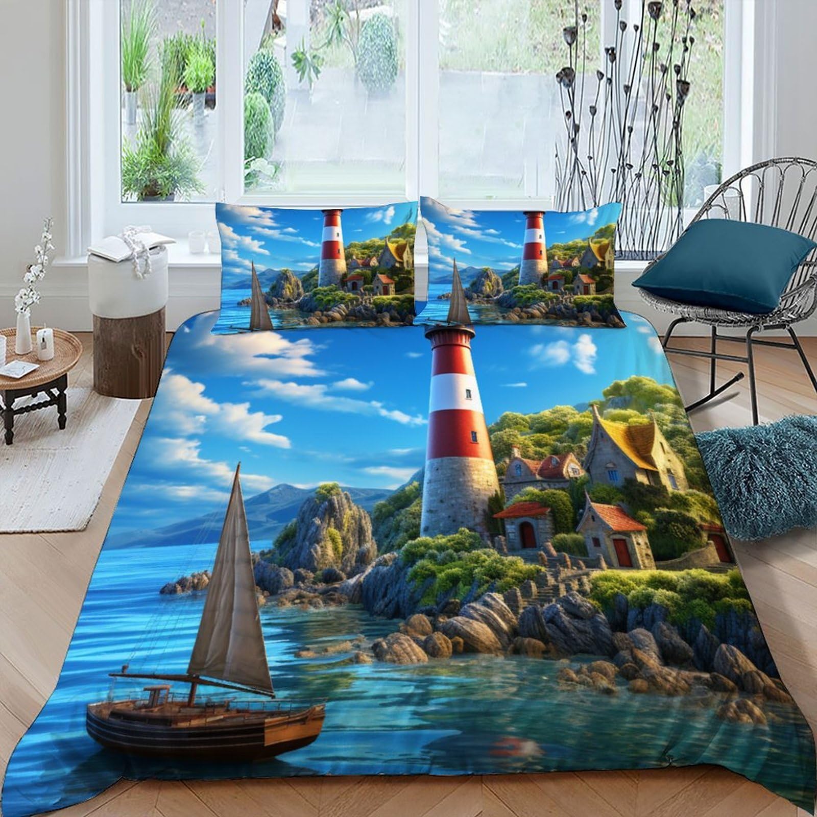 Faro della spiaggiade Ropa De Cama 3D Niños 3 Piezas Microfibra 2 Funda De Almohada CremalleraSuper King（260x220cm）