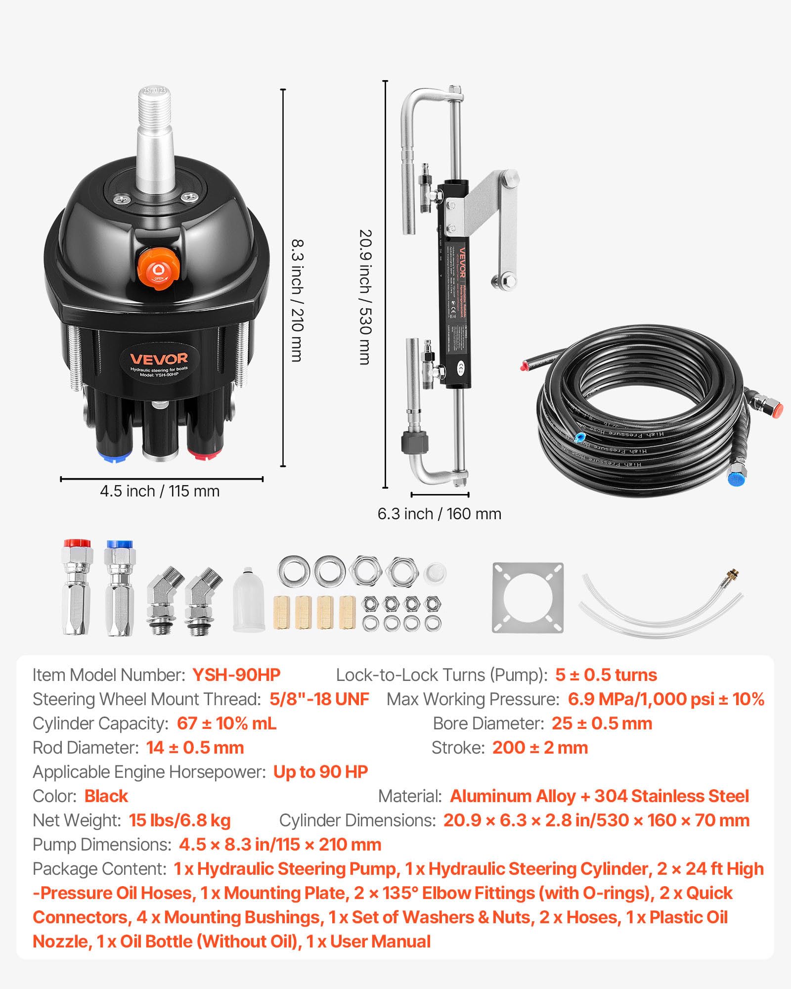 VEVOR Kit Timoneria Idraulica per Motori Fuoribordo 90 CV, Sistema di Sterzo Idraulico per Imbarcazioni con Pompa del Timone da 1000 PSI, Cilindro di Bloccaggio Bidirezionale Corsa 200 mm