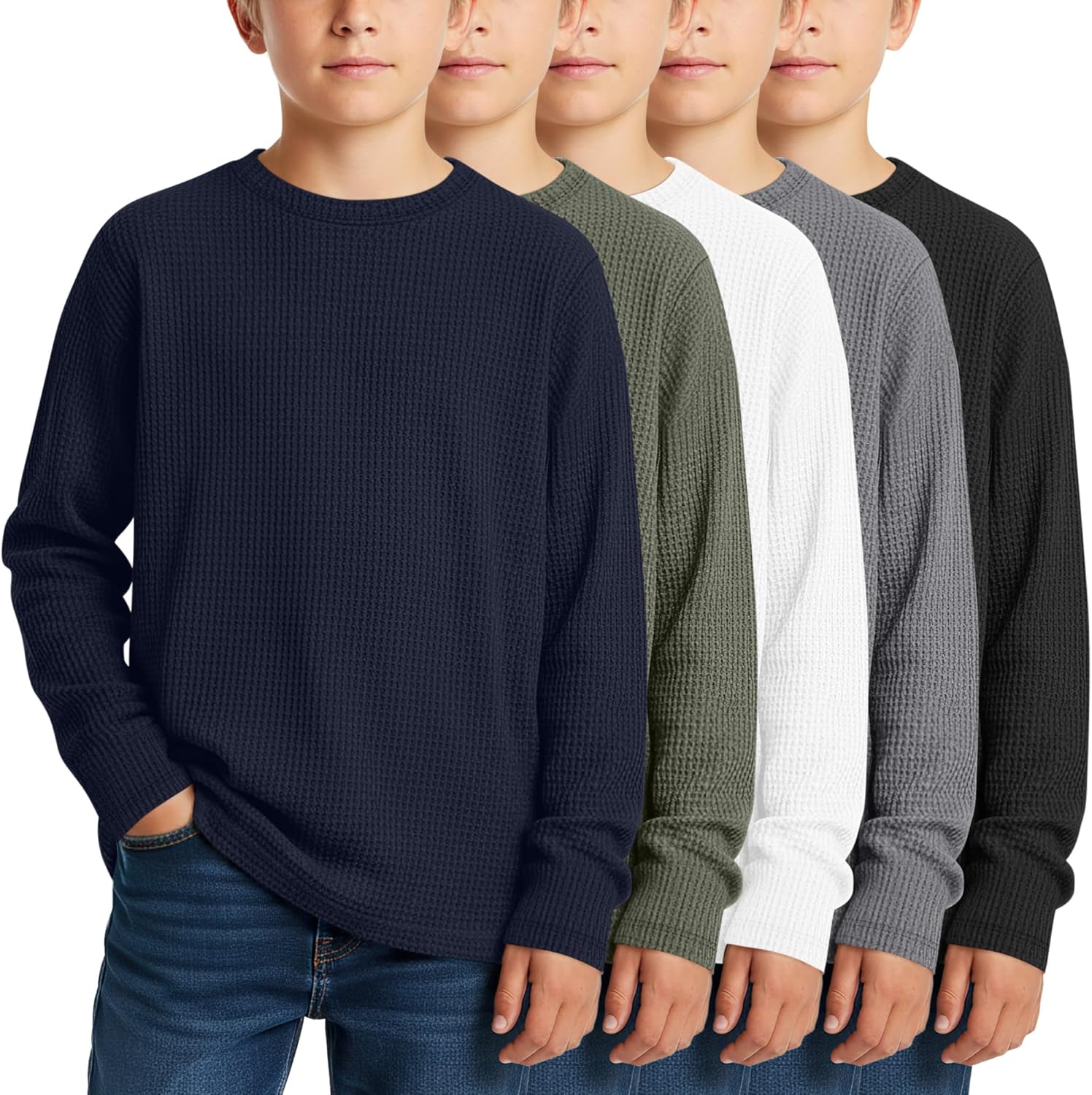 LessonZoo 5 Pack Boy's Long Sleeve Shirts, Waffle Knit Crew Neck Tops T-Shirts Basic Layer Undershirts 5-14 Years Kids