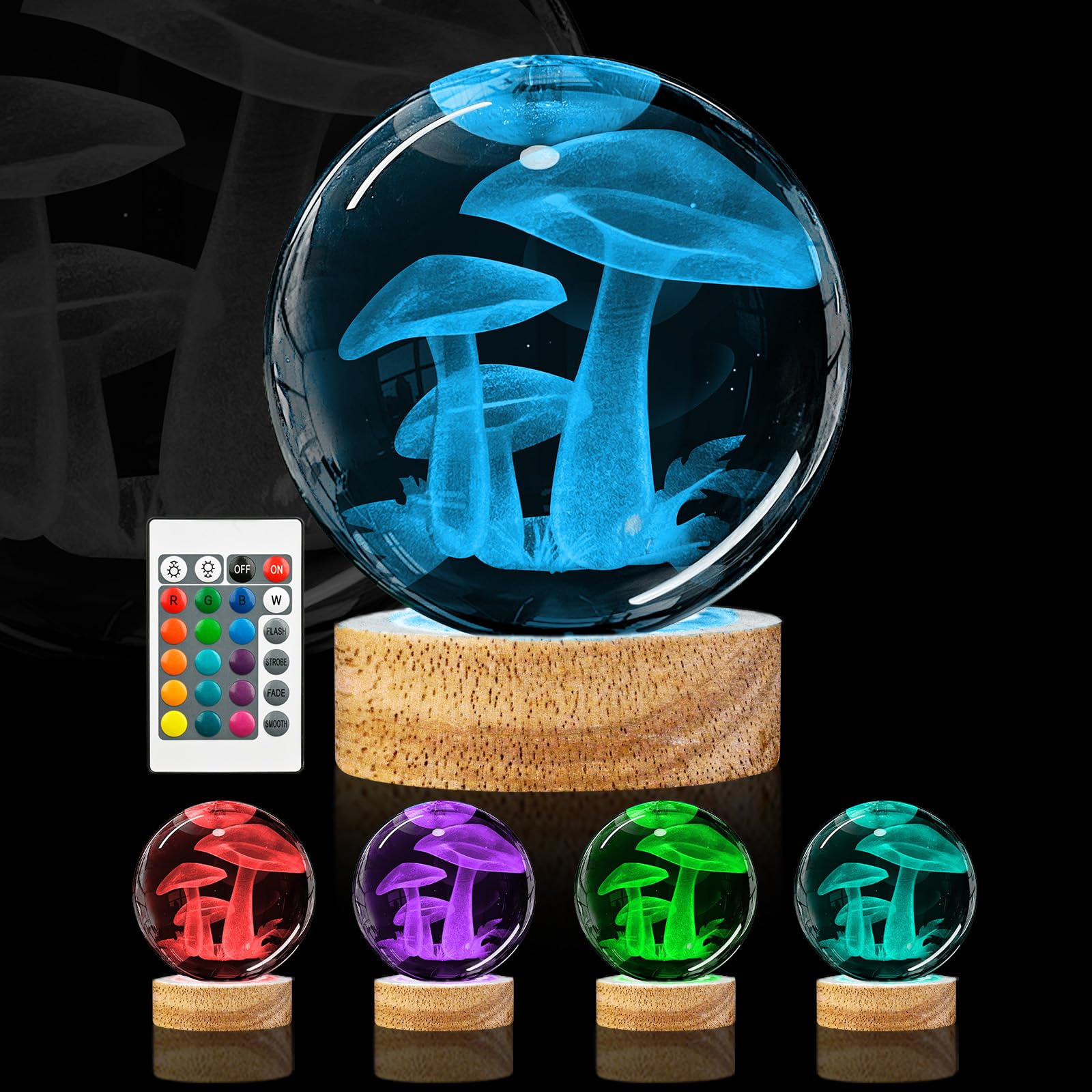 Mushroom Crystal Ball Night Light - 3.15 inch Glass Ball Lamp with