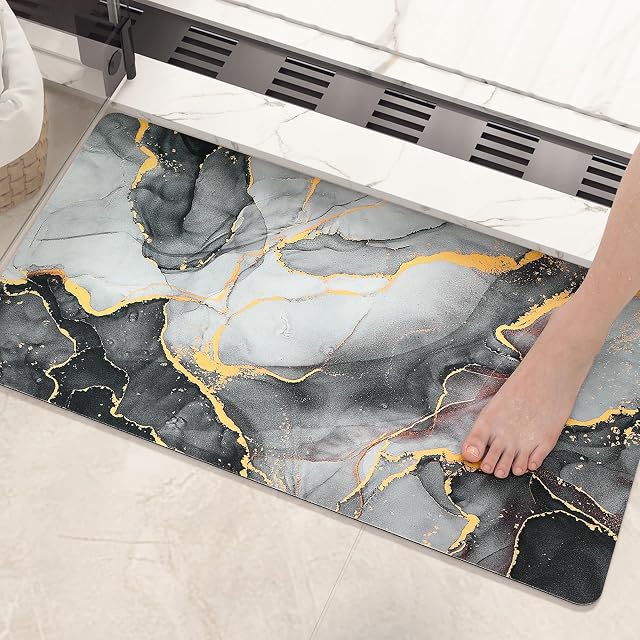 COLOR&GEOMETRY Bathroom Mat Non Slip Washable, Diatomite Stone Bath Mat Quick Dry, Super Absorbent Bath Mat, Durable Black Bath Mat, Marble Bath Mats for Bathroom, Bathtub, Sink - 40x60cm