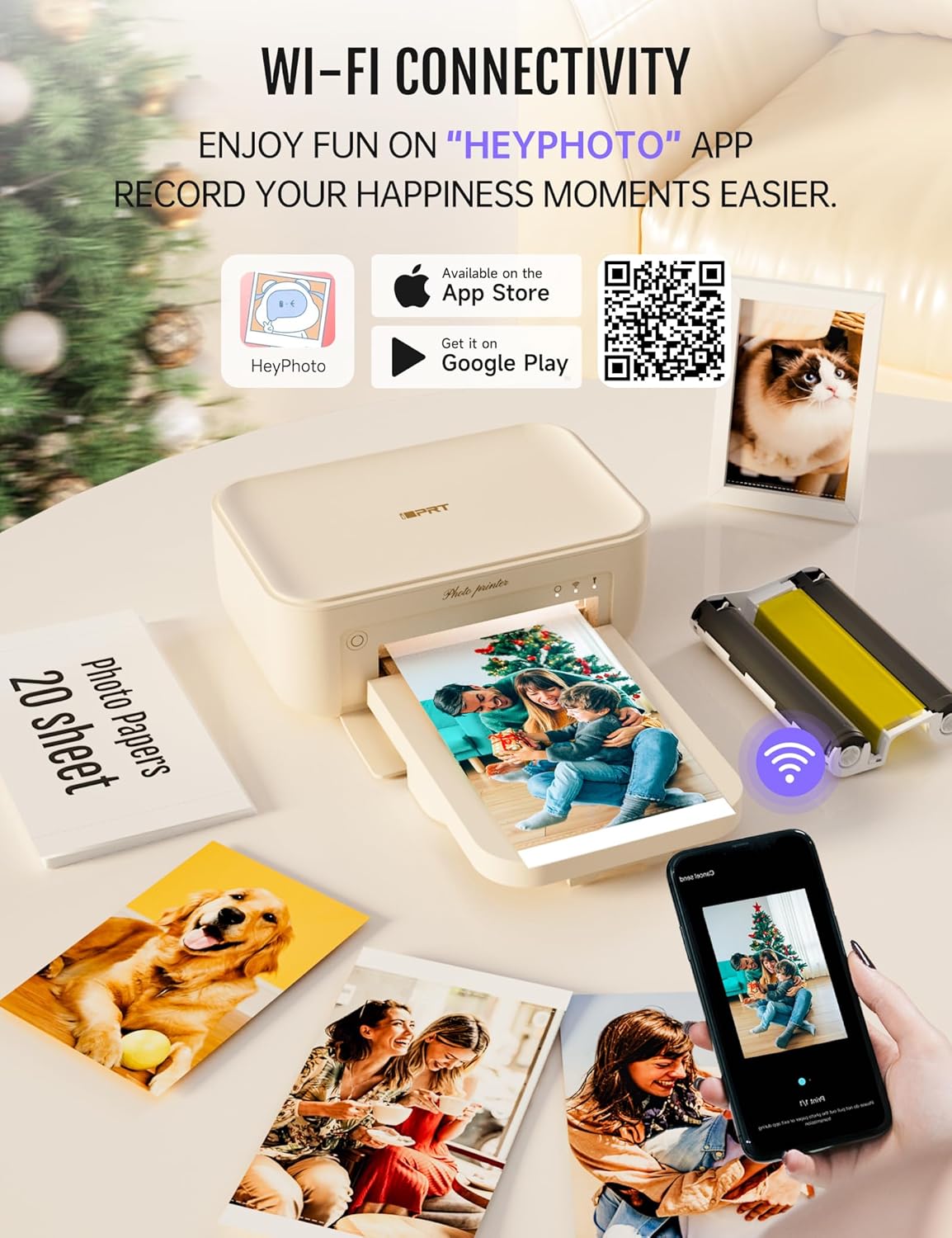 iDPRT 4x6 Photo Printer, CP4100 Photo Printer for iPhone & Android with 108 Sheets & 2 Cartridges, Wi-Fi Wireless Portable Picture Printer, Instant Print Photos, Dye Sublimation, Beige