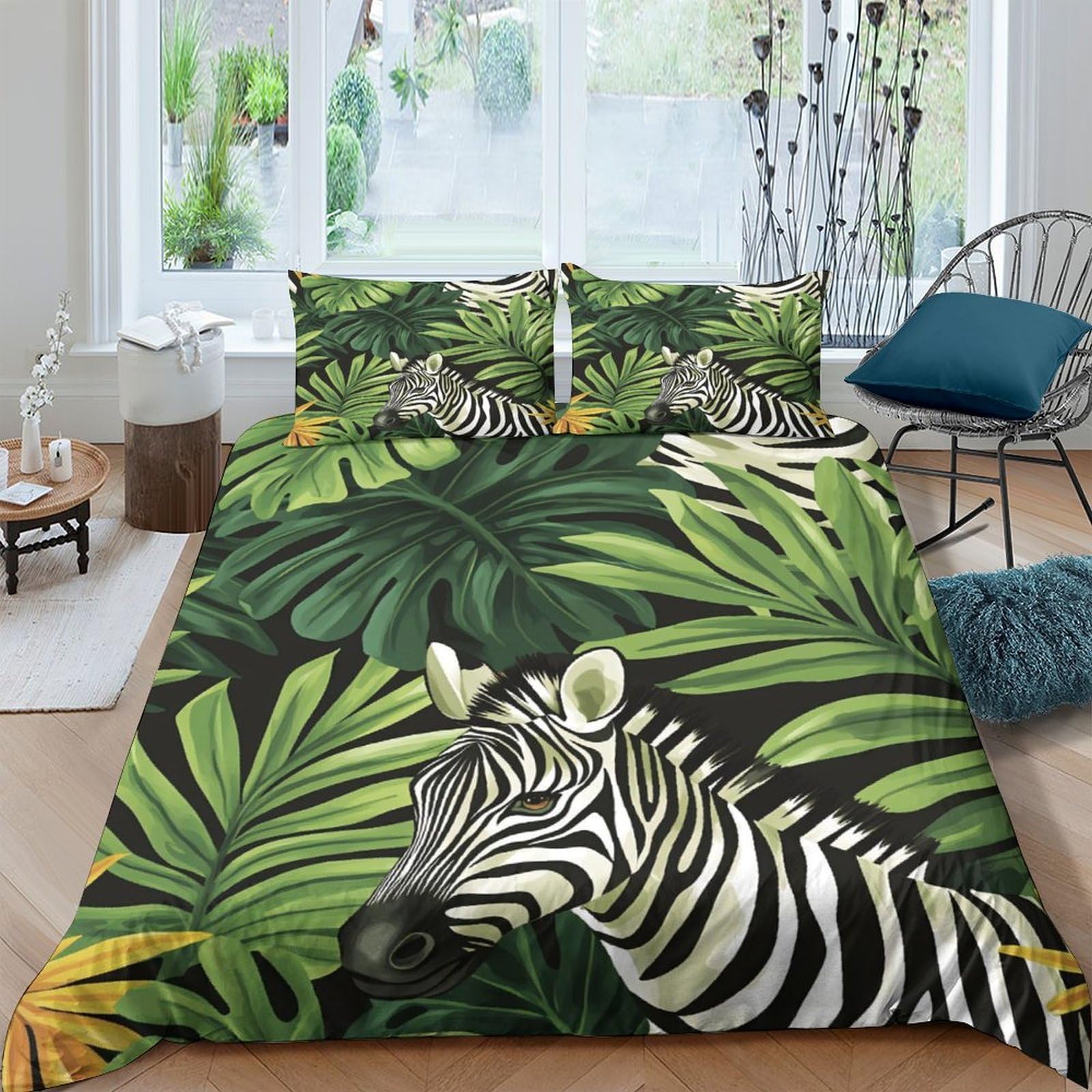 Ctjqhvkz Style-10 3D Printed Tropical Jungle Fitted Sheet Microfiber Soft Breathable Zebra Leaves Mattress Cover For Bedroom Living Room Decor Single（135X200cm）