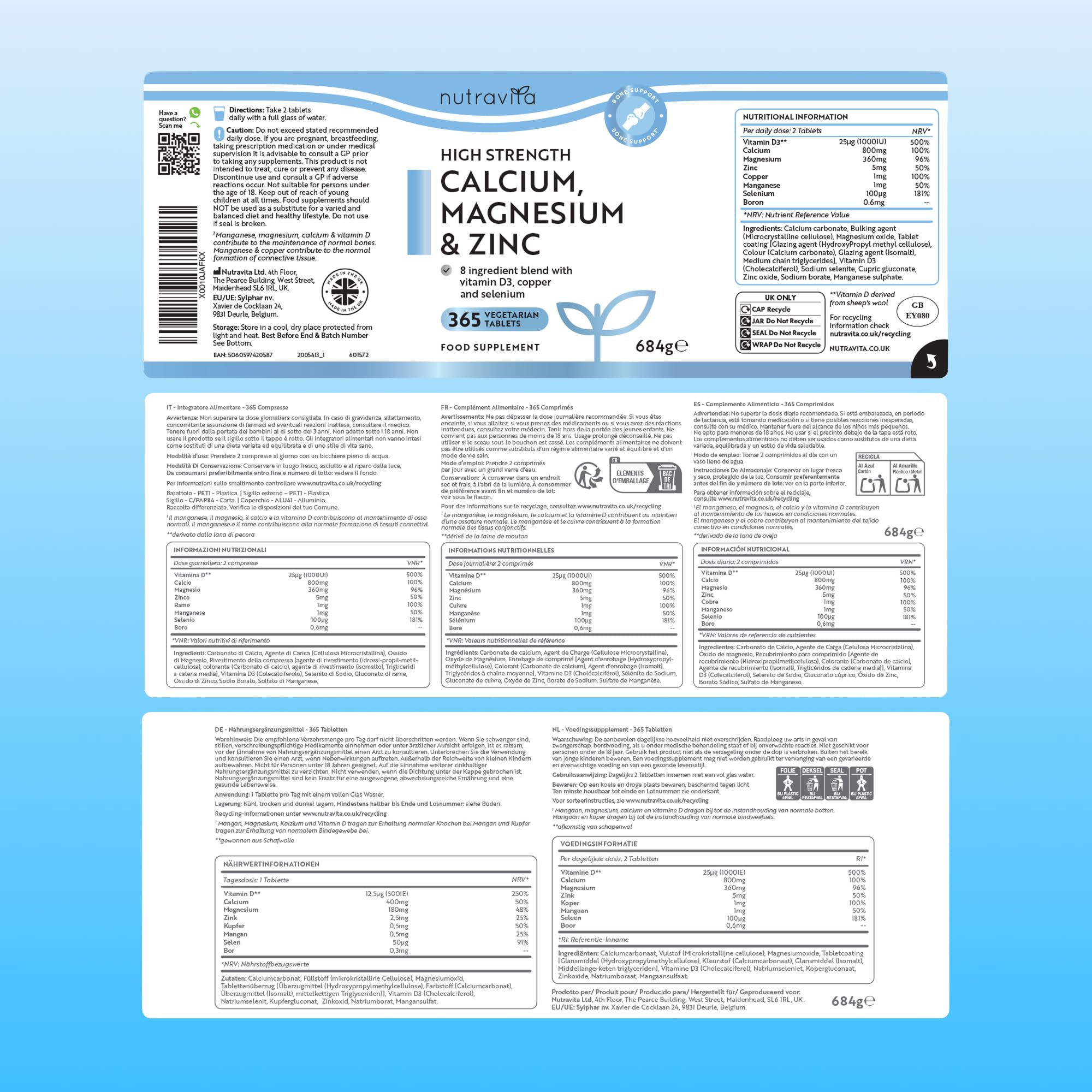 Calcium, magnésium, zinc enrichi en vitamine D3 - Supplément de haute résistance | 365 comprimés végétariens | Offre de 6 mois | Fabriqué au Royaume-Uni par Nutravita