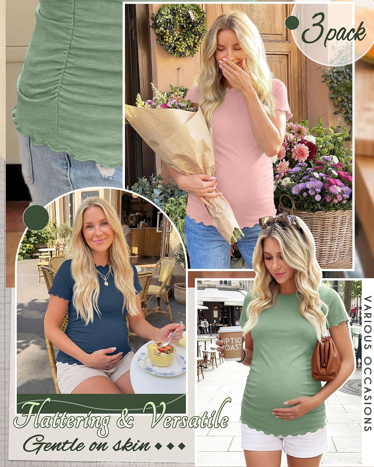 Xaatren 3 Pack Women's Maternity Shirts Crew Neck Short Sleeve Maternity Tops Side Ruched Lettuce Trim Pregnancy Tees