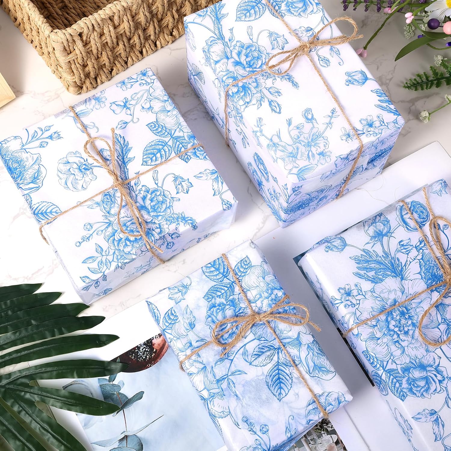 60 Sheet Blue Floral Tissue Paper, 20x14 inch Chinoiserie Gift Wrapping Tissue Paper for Birthday Wedding Baby Shower Party Supplies
