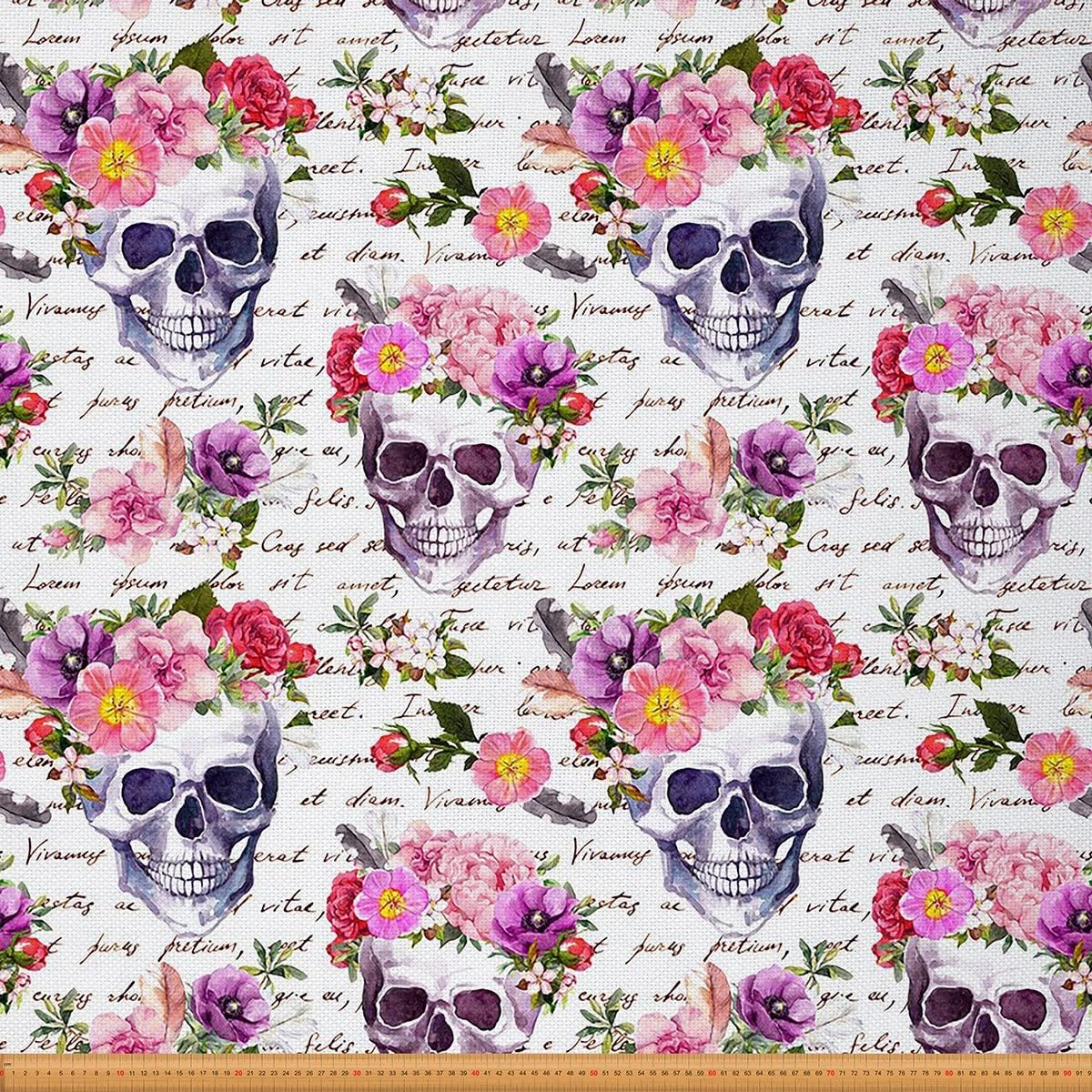 Halloween Decorative Fabric Rose Skull Fabric by The Yard Sugar Skull Decor Fabric Gothic Floral Bones Waterproof Fabric Leaves Skeletons DIY Art Upholstery Fabric Pink Purple 3 Yards