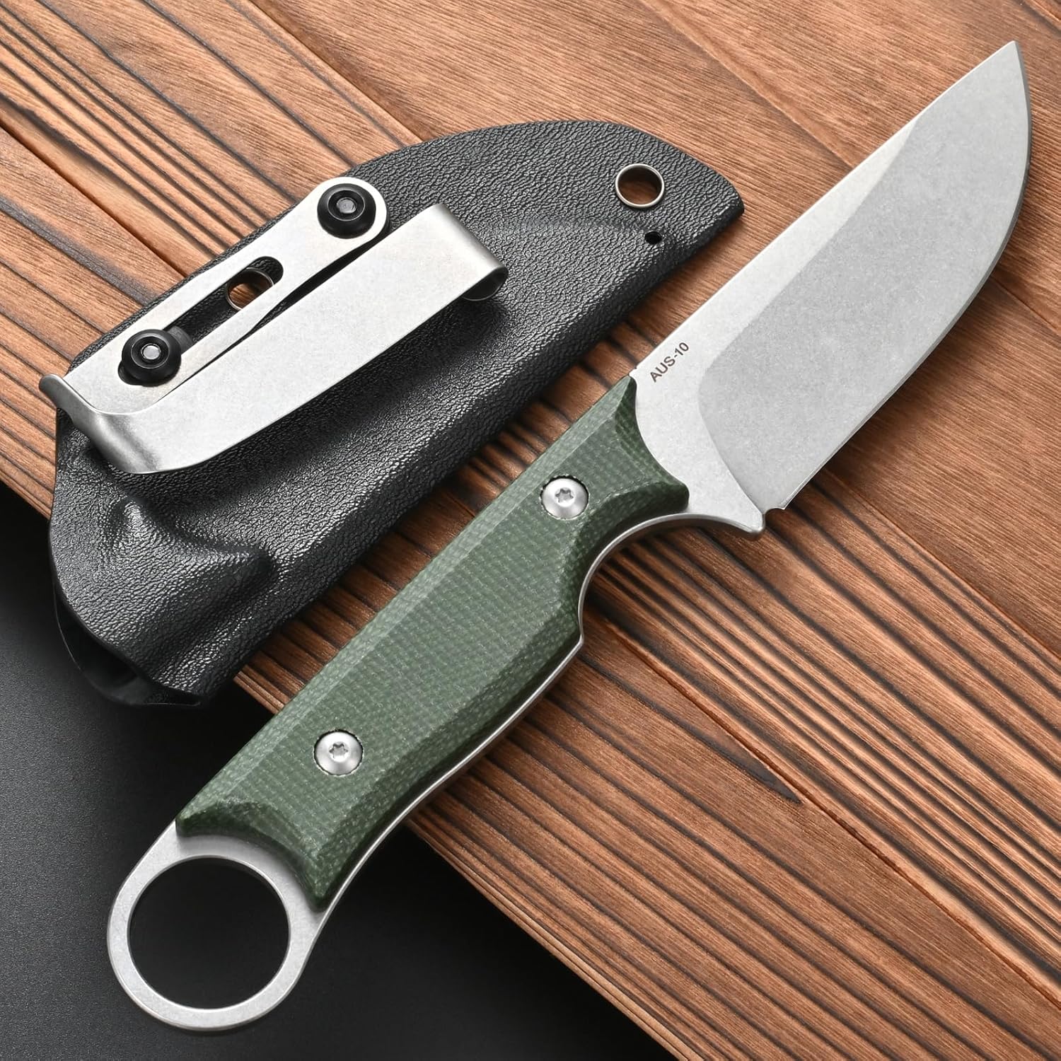 FF103 Fixed Blade Knife，AUS-10 steel Blade Micarta Handle Full Tang Knife for Outdoor Camping Hunting Fishing Working(Green)