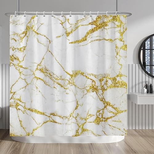 Baocicco Cortina de ducha de mármol blanco y dorado, textura moderna, cortinas de ducha abstractas de lujo, decorativas para baño, cortina de ducha
