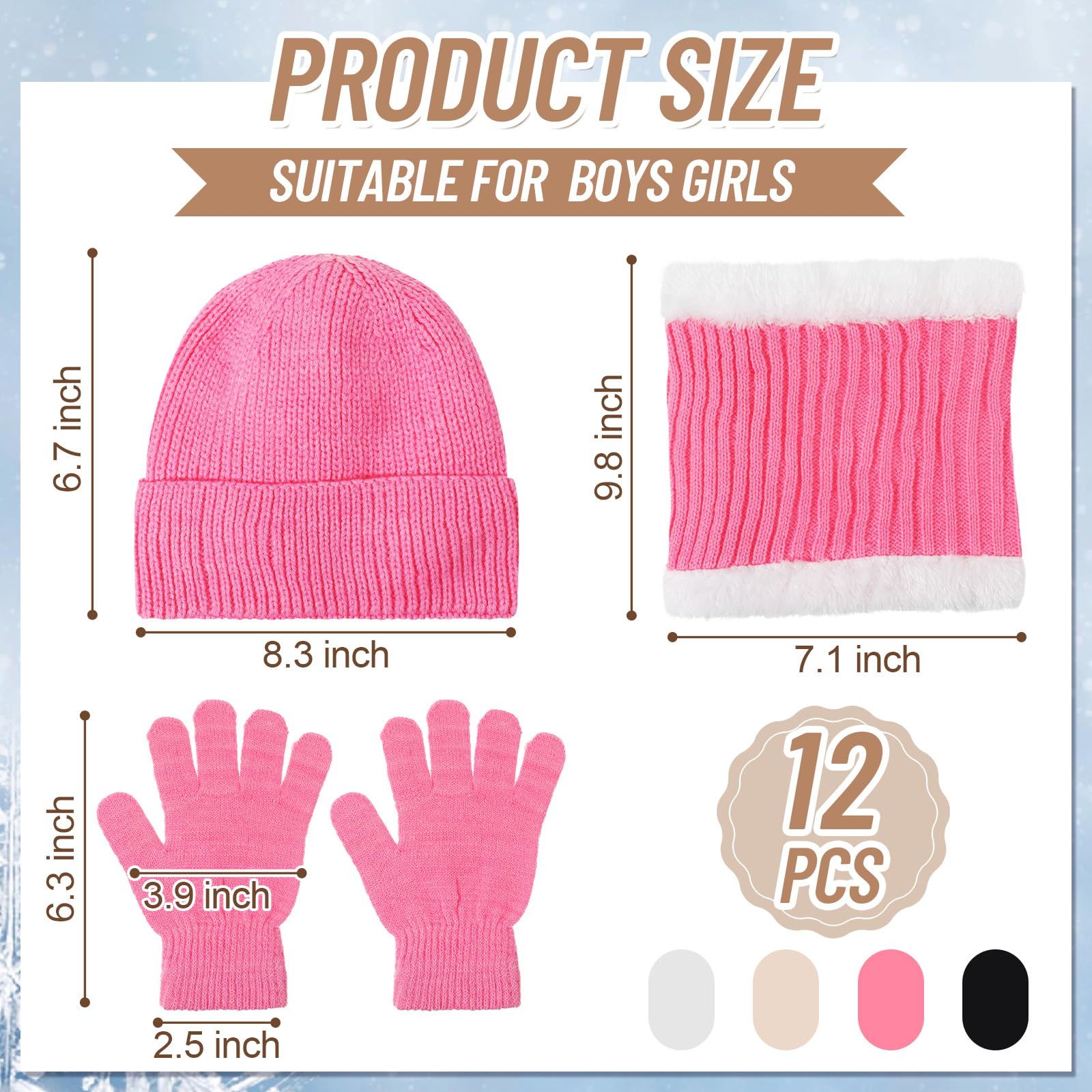 Set di 12 guanti per bambini, berretto invernale, lavorato a maglia, guanti da sci, guanti da collo, sciarpe calde, per bambini da 5 a 8 anni, regalo per ragazzi e ragazze, alla moda., 6.7 x 8.3