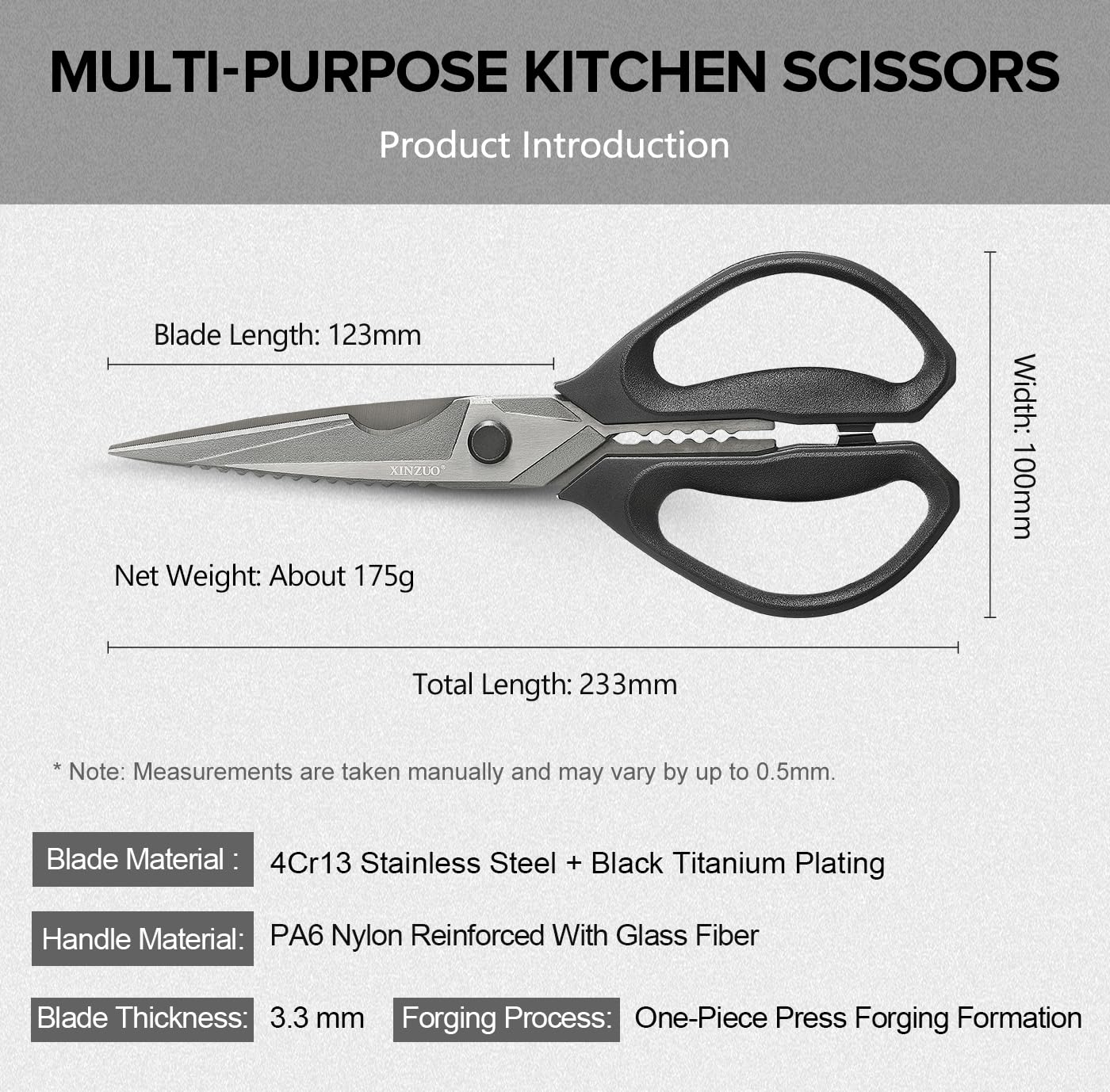 XINZUO Forbici da Cucina Professionali Acciaio Inox Rivestite in Titanio Nero Manico Antiscivolo