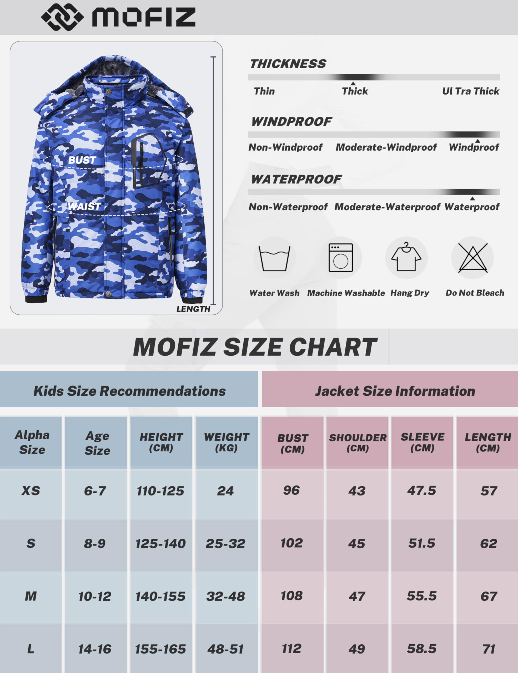 MoFiz Kurtka narciarska dla dzieci zima ciepły śnieg płaszcz polarowy wodoodporny wiatroszczelny kurtki chłopięce z odpinanym kapturem
