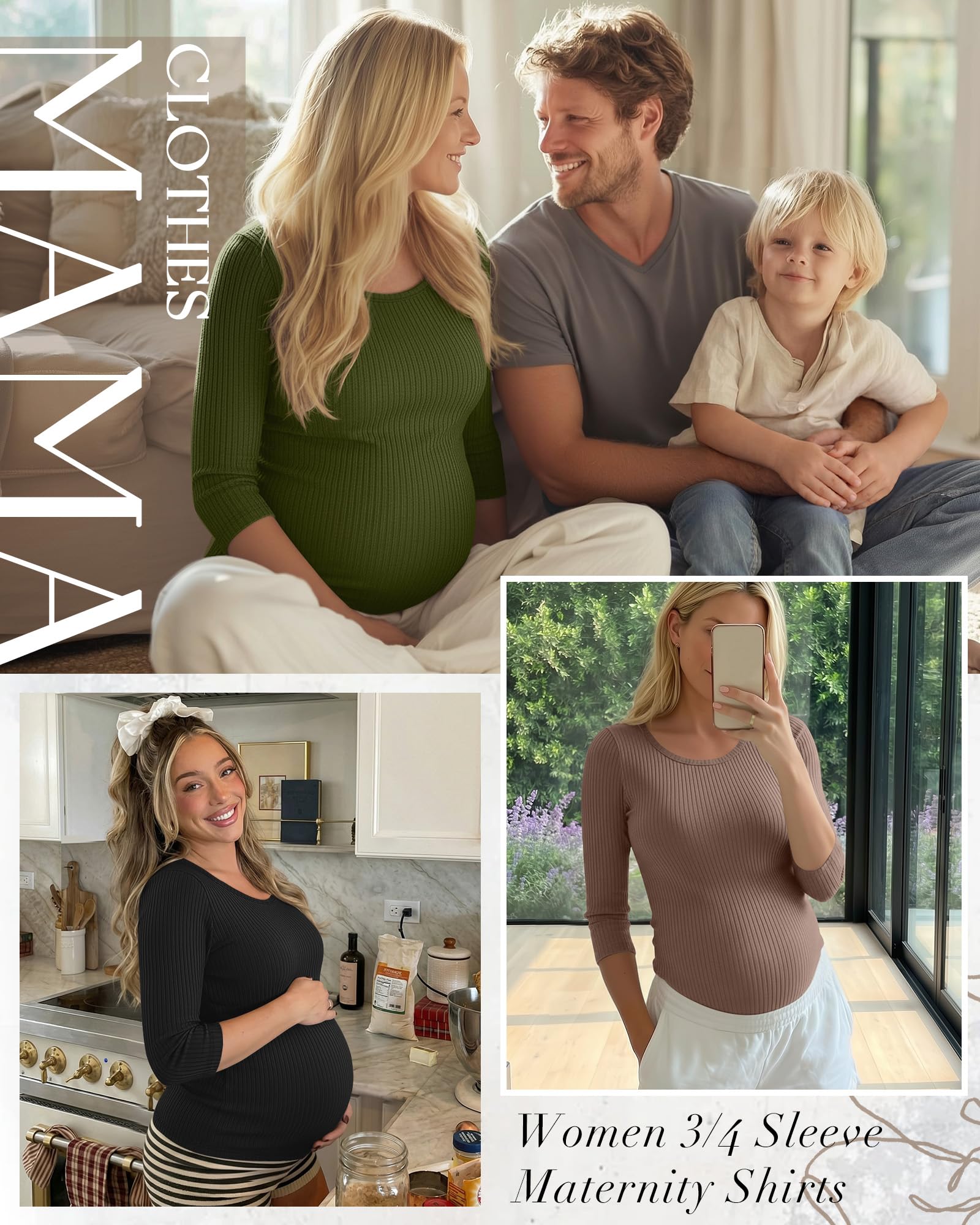 Neer Confezione da 3 camicie premaman da donna con maniche a 3/4, a coste, per gravidanza, maniche a quarto, girocollo, vestiti premaman