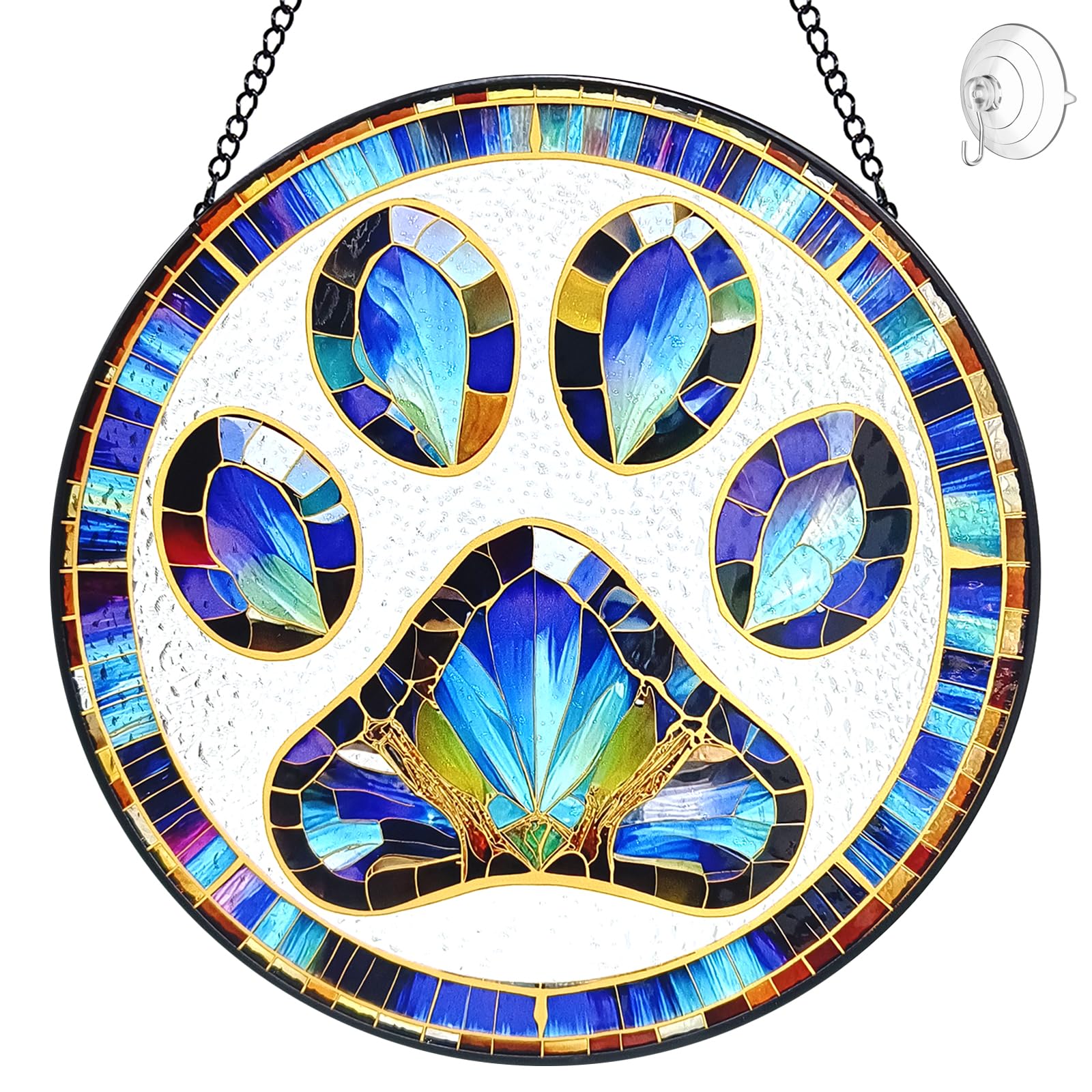 Paw Print Suncatcher Stained Glass Window Hanging - 8” Paw Print Stained Glass Suncatchers for Windows - Sun Catchers Indoor Window Catcher with Hooks