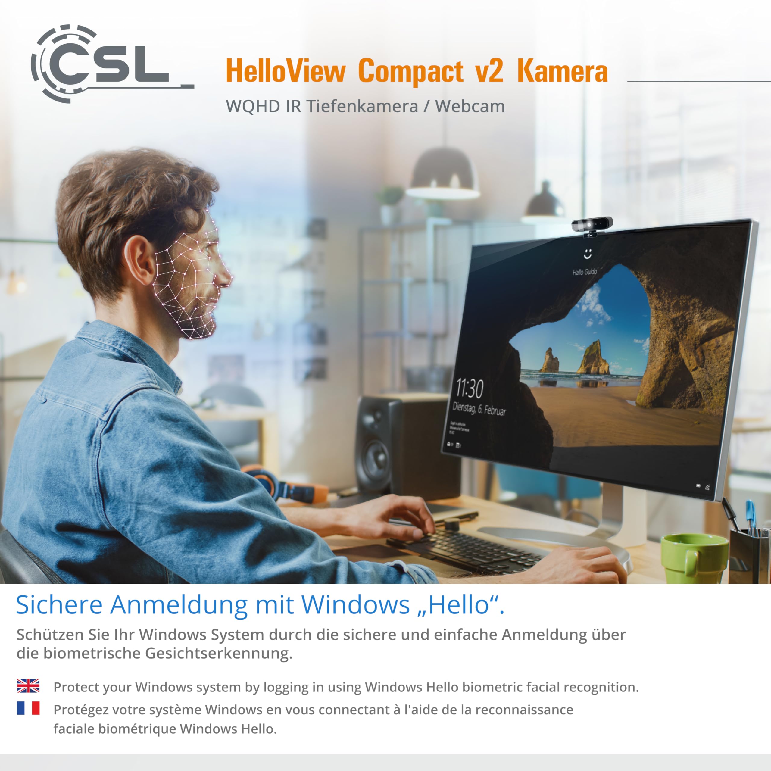 Caméra Windows Hello - Webcam CSL HelloView v2 Compact RVB, caméra de profondeur infrarouge, 2560 x 1440@30Hz, microphone intégré, chat vidéo, WQHD, 1440p, reconnaissance faciale, Windows 11 Hello