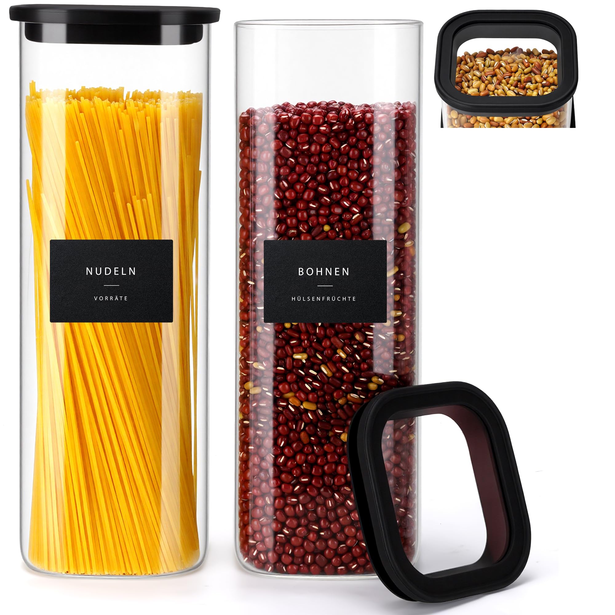 Happy Lemuro Vorratsgläser mit Deckel (2 x 2300 ml) – Vorratsdosen Glas mit Deckel, luftdicht & mottensicher | eckige Aufbewahrungsgläser mit Glasdeckel | Vorratsbehälter Glas in Schwarz