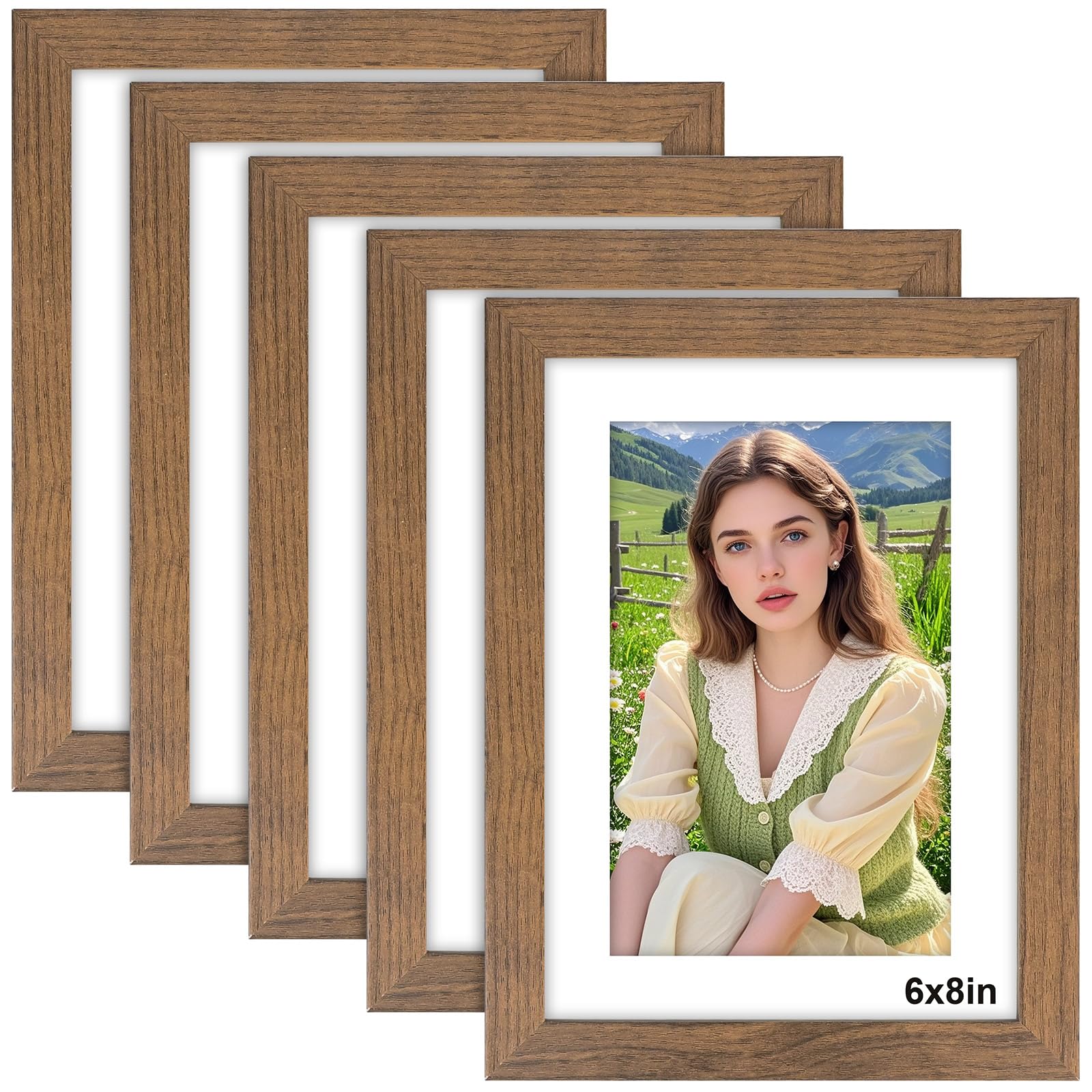 8x6 Photo Frame Wood Effect - 5 Pack 6x8 Picture Frames with Mount, Photo Frames 8x6 Picture Frame for Wall Mount & Desktop