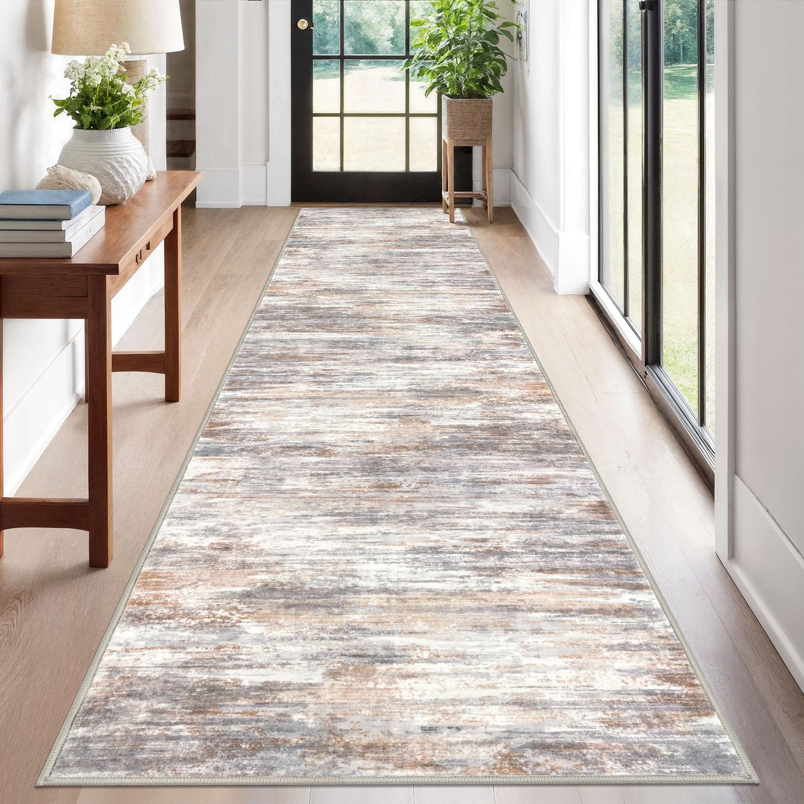 KOZYFLY Modern Abstract Washable Rug Runner 2.6x12 Hallway Rug Runner Non-Slip Soft Kitchen Runner Rugs, Multi Grey Striped Carpet for Entryway Bathroom Laundry Room Foyer — image 1