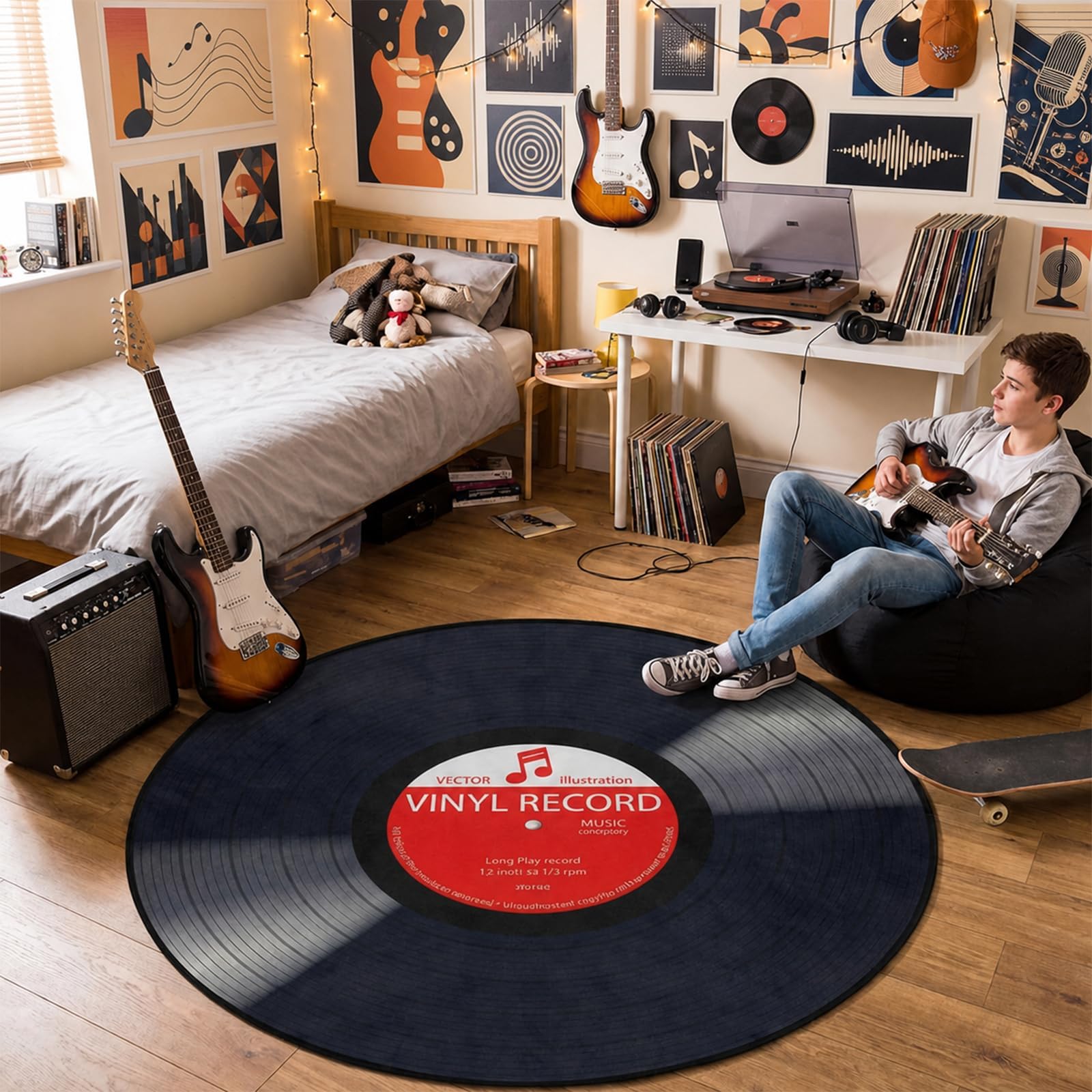 keepcute Music Record Black Round Area Rug for Bedroom Living Room Study Playing ,Non-Slip Floor Mat Carpet Home Decor Rugs 3' Diameter