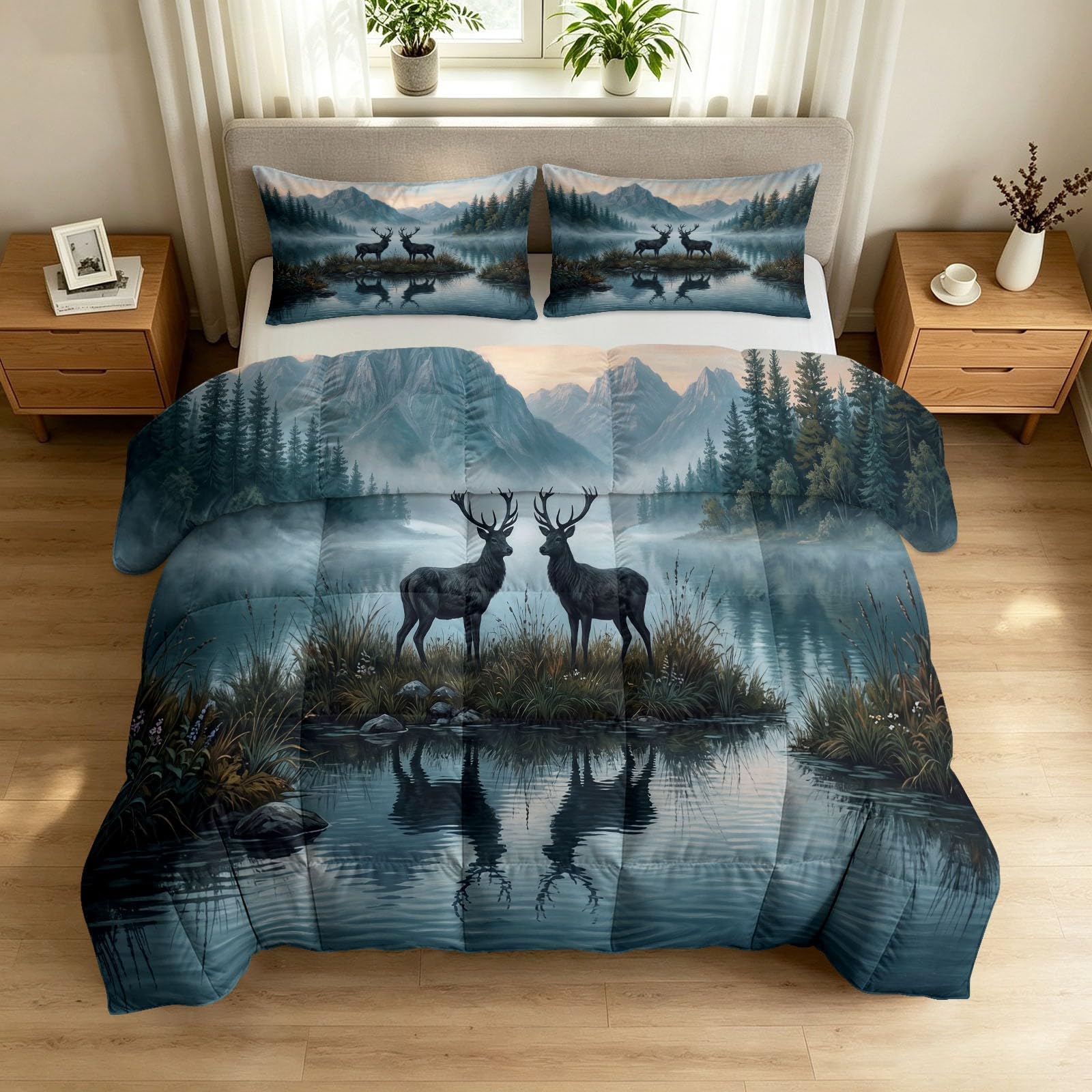 Bianco 200 x 200 cm Trapunta 4 Stagioni Fotografia Paesaggio Animale Botanico Cervo Maschio Pino Foresta Trapunta Estate per Letto 2 Persone, Rami Grigii Edredon Legere, Reversibile Lavabile Trapunta
