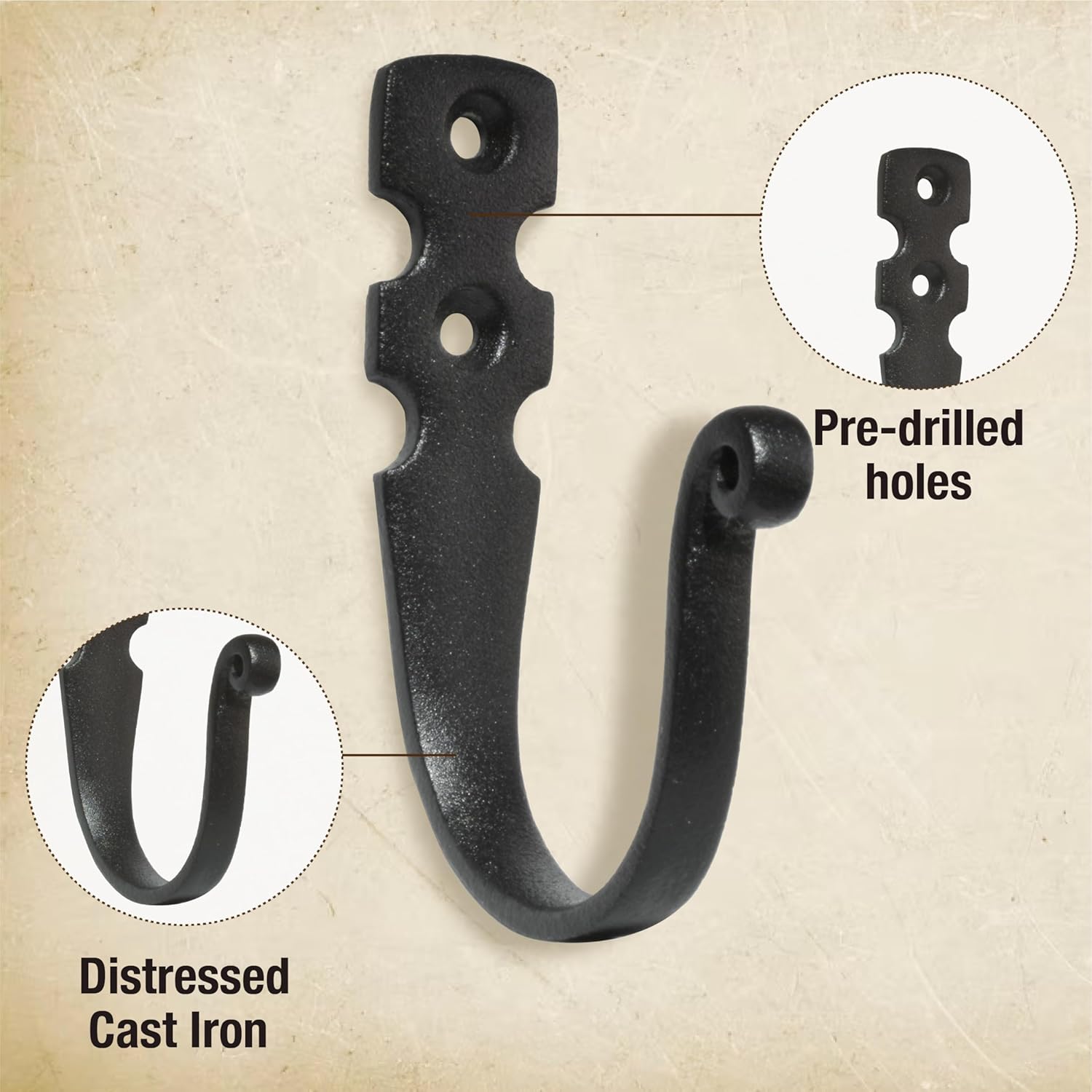 Cast Iron Wall Hooks (5 Pack) Handmade Blacksmith - Wall Mounted J Hooks - Farmhouse Decorative - Vintage Hooks for Hanging Coats, Bags or Pots in Pantry (2 Screws Each Hook for Strength) - Image 5