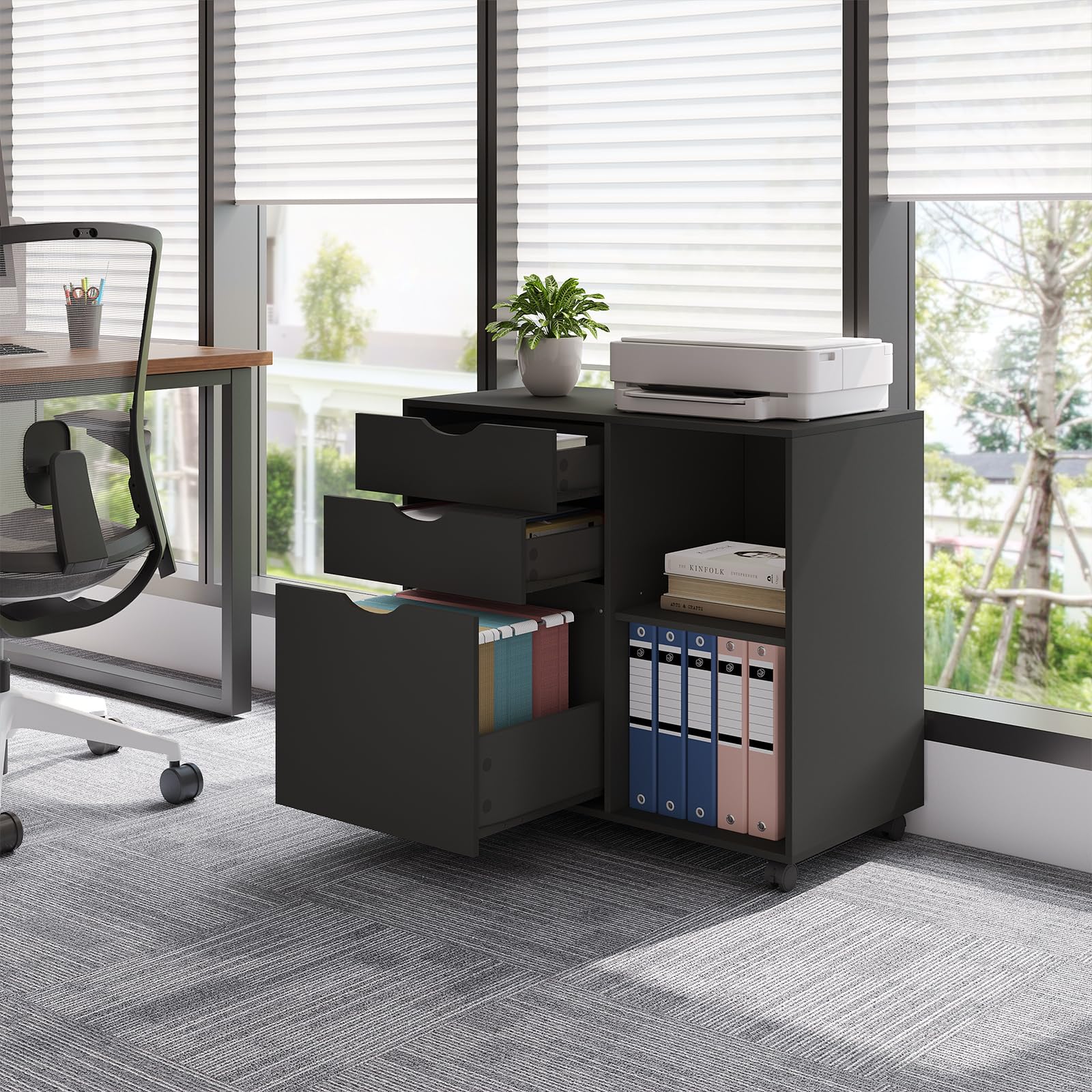 WOLTU Archivador Móvil, Cajonera de 3 Cajones y 2 Estantes Abiertos, con 5 Ruedas y Barra Colgante, Armario de Oficina para Carpetas y A4, 80x39,5x69,5 cm, Negro