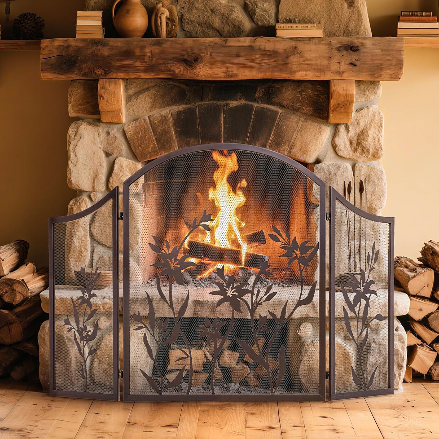 WICHEMI Fireplace Screen 3 Panel Folding Fireplace Screens 48.4 x 25.6 Inch Lily Pattern Fireplace Screen Decorative Fireplace Gate Spark Guard Cover Wrought Iron Fire Place Standing Gate (Brown)
